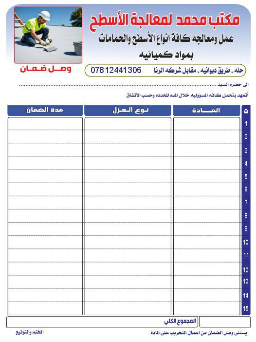 اجواء ممطره
و تريد تحمي بيتك من الرطوبة والحراره   و الأمطار الغزيرة  
مكتب محمد.***********
يقدم لكم الحلول المضمونة 
الحل هو استخدام العوازل الحديثة فائقة الكفاءة 

إللي راح يقاوم التشققات و الفطور و التمدد و التقلص
 هو العازل المائي الوذر كوت والعزل الحراري فلكسي كوت جاهز الخلط أفضل عازل مائي تام على الإطلاق في العالم كله ، مزيج من البوليمرات و الاكريليك يسلح بشبكة وايرمش 
نوع فريد شديد الالتصاق و مقاوم للماء والرطوبه يعزل      80 % من أشعة الشمس 

ضمان حقيقي مرفق بوصل ضمان
ومقاوم  للظروف الجوية القاسية  
أفضل من الكاشي و الشتايكر و مشاكله 
كلش هواية أفضل 
خفيفة الوزن
جميلة المنظر
طويلة العمر
فائقة الكفاءة 
العمر التصميمي 30 سنة
ولا تحتاج إلى أعمال الصيانة الدورية كما هو الحال مع الشتايكر و مشاكله و الماستك 
تشتغل هذه المواد و تنساها بعد و ترتاح 
الصور المرفقة توضح مراحل العمل ل
#كوادرنا  
بأداره محمد  ابو يهاب
#ملاحضه يوجد استشاره مجانيه ونبقه نواكب وياك حتلو تشتغل عد غيرنه الأهم يطلع العزل بأفضل حاله
