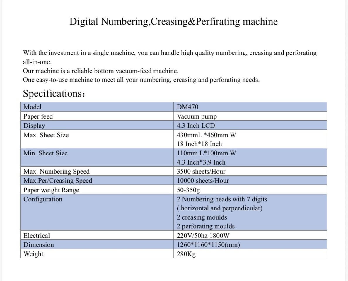 للبيع ماكنة تنمير وتخريم وطوي ( ريكة)
ملائمة للوصولات والبروشورات
اصغر قياس 10 * 10 سانتيم
اكبر كياس 45 * 45 سانتيم
ثخن الورق من 50/g الى 350/g
باقي المواصفات ملحقة بصورة
للاستفسار يرجى الاتصال 
***********
للمعاينة والفحص مطبعة سعد
