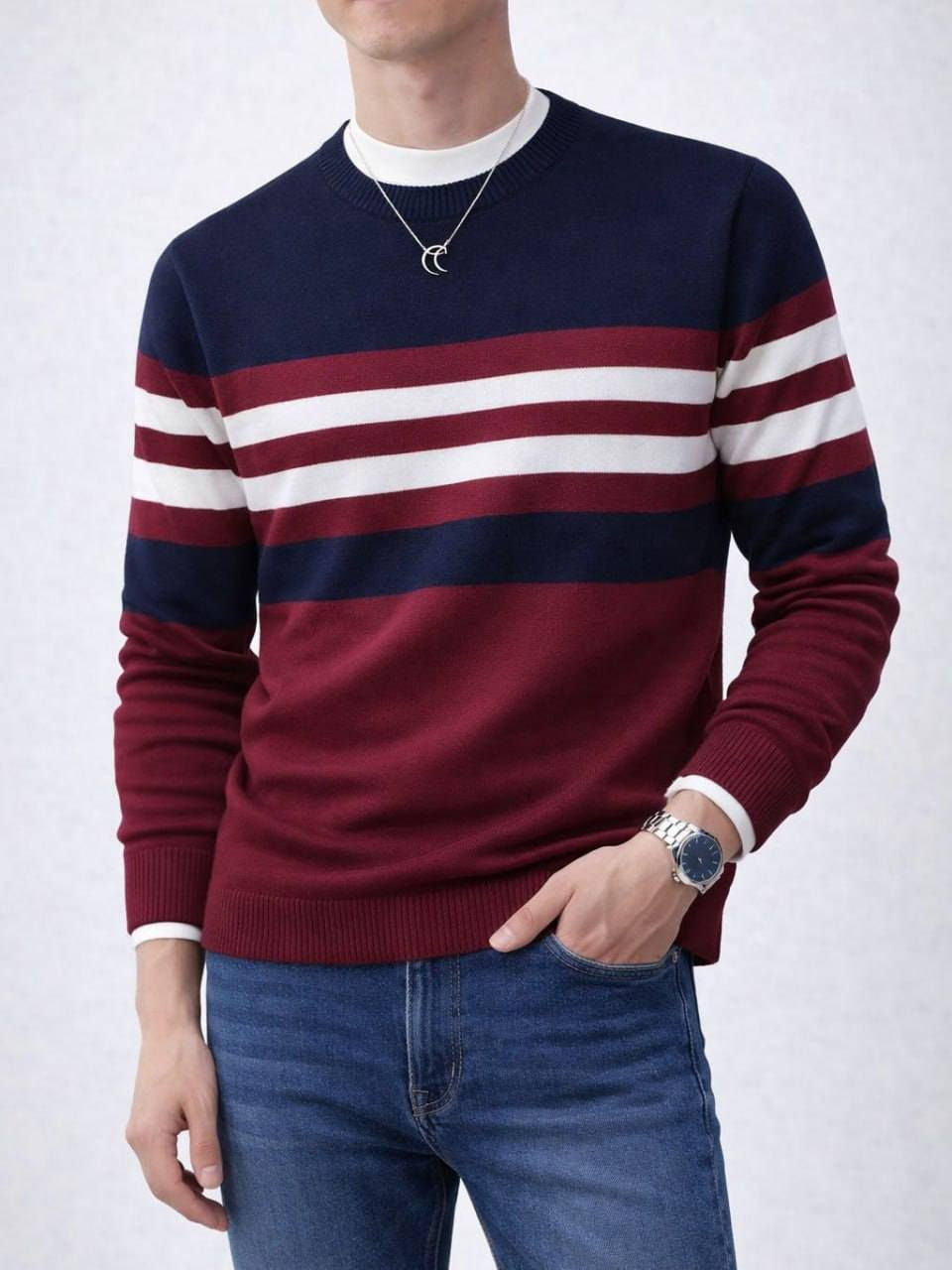 بلوفر رجالي مقلم 
الخامة: عجينة
* **الألوان المتوفرة:
  ⚫️ أسود | ⚪️ رمادي | 🌑 برجندي  | 🔵 كحلي

### 📏 جدول المقاسات

* Xl: من 60 إلى 90
* XxL:  120من 90 إلى

 
Time


**إذا كنت صاحب هذا الإعلان وتريد حذفه لأي سبب، رجاءا أرسل رسالة إلى الدعم الفني**