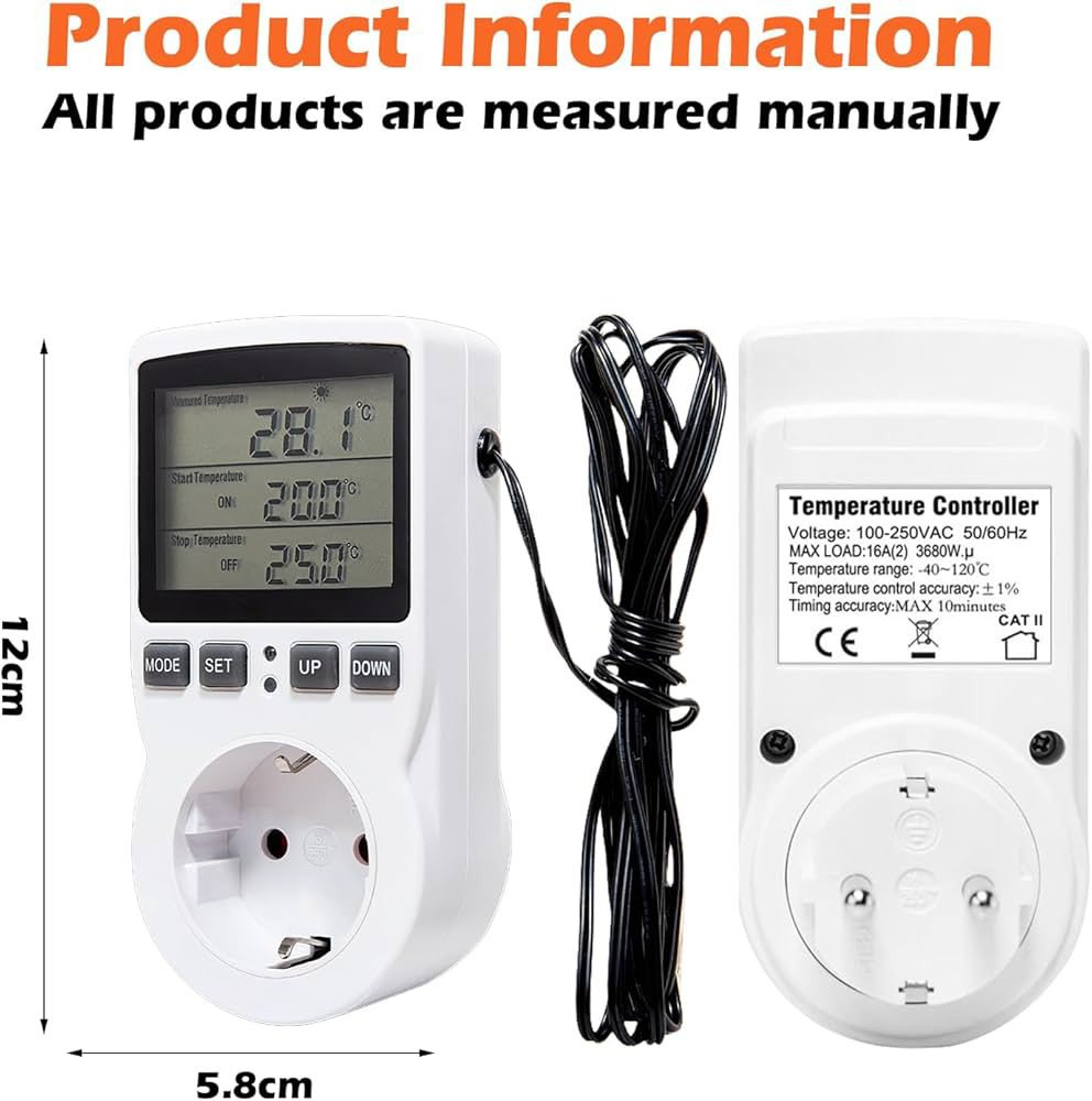 جهاز ثرموستات للتحكم في درجات الحرارة 

متوفر قطعتين 

هذا متحكم رقمي في درجة الحرارة (ثرموستات) بمقبس (قابس) خارجي. 
الجهد: 100-250 فولت تيار متردد، 50/60 هرتز.
الحد الأقصى للحمل: 16 أمبير (3680 واط).
نطاق درجة الحرارة: -40 إلى 120 درجة مئوية.
دقة التحكم في درجة الحرارة: ±1 درجة مئوية.


**إذا كنت صاحب هذا الإعلان وتريد حذفه لأي سبب، رجاءا أرسل رسالة إلى الدعم الفني**