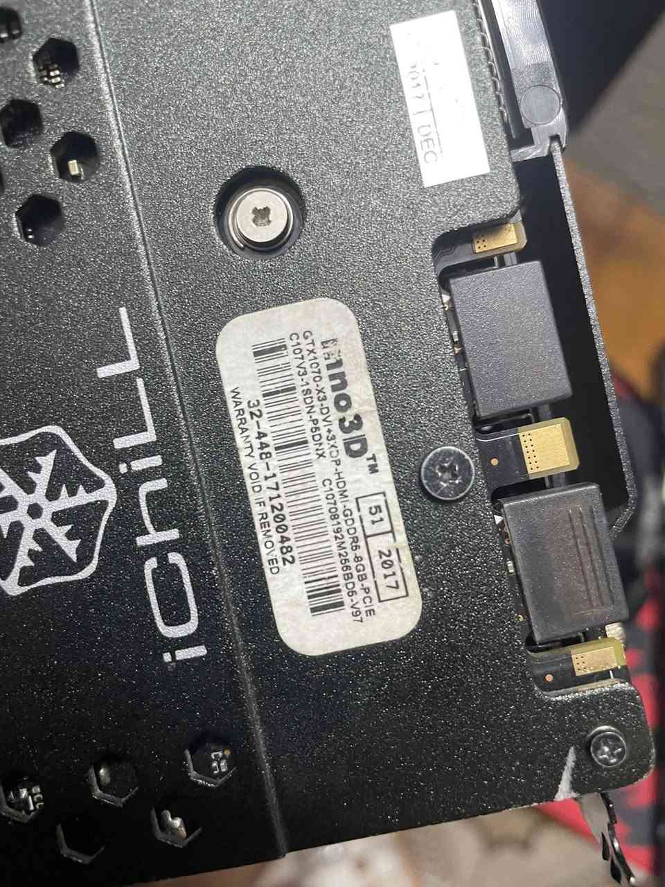 السلام عليكم اخوان كرت شاشه inno3D GTX 1070 8G
درجه حرارتة 70 أقصى شيء 
3 فان كلها شغاله 
اي صوت مراوح ماكو 
سبب البيع مثل مشوفون ميرهم ميدخل بالكيس 
السعر:- 170 
التوصيل :- 6
للاستفسار:- ***********
