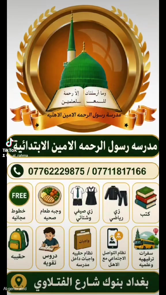 📢 فتح باب التسجيل للعام الدراسي 2026–2027
مدرسة رسول الرحمة الأمين الابتدائية
📍 العنوان: بغداد – بنوك، شارع الفتلاوي
📞 للاستفسار والتسجيل:
يرجى مراسلة الصفحة أو الاتصال على:
***********
***********
🌟 مستقبل أبنائكم يبدأ من هنا… تعليم متميز وبيئة آمنة
✨ نضمن لأبنائكم أفضل تجربة تعليمية من خلال:
📚 تعليم بأساليب حديثة باستخدام السبورات الإلكترونية
👨‍👩‍👧‍👦 تواصل مستمر مع أولياء الأمور لمتابعة مستوى الطالب والواجبات
🎒 نظام الحقيبة المدرسية (تبقى الحقيبة داخل المدرسة وتُؤخذ يوم الخميس فقط)
✏️ إنجاز جميع الواجبات داخل المدرسة بإشراف الكادر التعليمي
🎥 نظام كاميرات مراقبة لسلامة وأمان الطلبة
❄️🔥 تبريد وتدفئة مركزية لراحة الطلبة طوال العام
🎁 خدمات مميزة تشمل:
🚌 خطوط نقل مجانية
🍎 وجبة طعام صحية يومية
👕 زي مدرسي متكامل (صيفي – شتوي – رياضي)
🎒📖 كتب وحقيبة مدرسية مجانية
💳 نظام دفع مرن:
إمكانية الدفع على دفعتين أو أقساط شهرية
🚀 سارع بالتسجيل الآن… المقاعد محدودة!
💡 معنا… النجاح والأمان لطفلك مضمون بإذن الله
