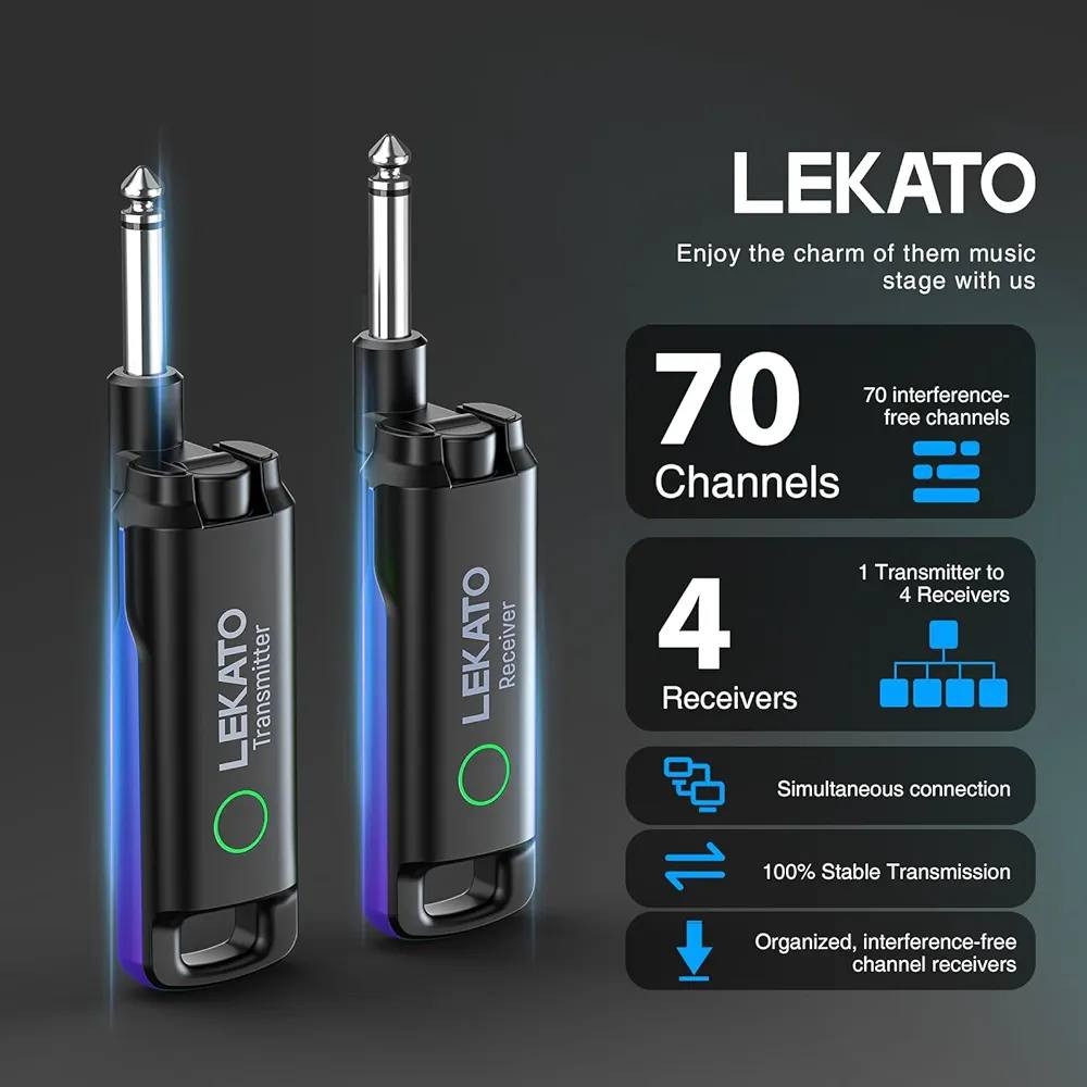 نظام جيتار لاسلكي رقمي صغير من نوع LEKATO (طراز WS-70)، وفيما يلي أبرز مواصفاته ومميزاته:
نقل لاسلكي: يعتمد تقنية UHF المتقدمة لنقل الصوت بجودة عالية. 
القنوات: يدعم العمل على 70 قناة مختلفة، مما يسمح باستخدام عدة أجهزة في نفس الوقت دون تداخل. 
البطارية: يوفر أكثر من 4.5 ساعة من وقت العمل المتواصل بشحنة واحدة.
المدى: يمتلك مسافة نقل تصل إلى 25-40 متراً. 
الاستخدام: مصمم خصيصاً للآلات الموسيقية الكهربائية التي تحتوي على مقابس صوت 6.35 ملم
*********** واتساب
