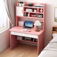 مكتب دراسة باللون الوردي مع رفوف تخزين متعددة. مثالي لتنظيم الكتب والأ...