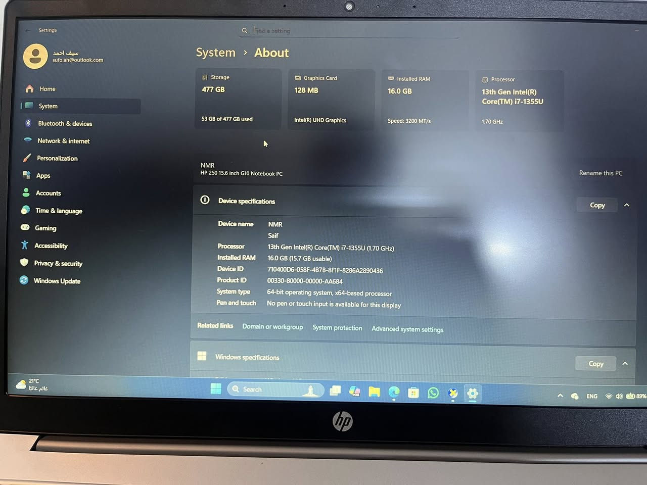 لابتوب hp 250 15.6 inch G10 Notbook
الحاسبه بحاله ممتازه
مناسبة للعمل والدراسه والتصاميم الهندسة والمنتجة
استخدام قليل مواصفاته فول
Core i7 - 1355U
Ram 16GB
 نظام وندوز اورجنال اصلي 
بيقه المواصفات مرفقة بالصور

السعر ٦٢٥ 
 مكان بغداد / الدورة 
للاستفسار 
***********
