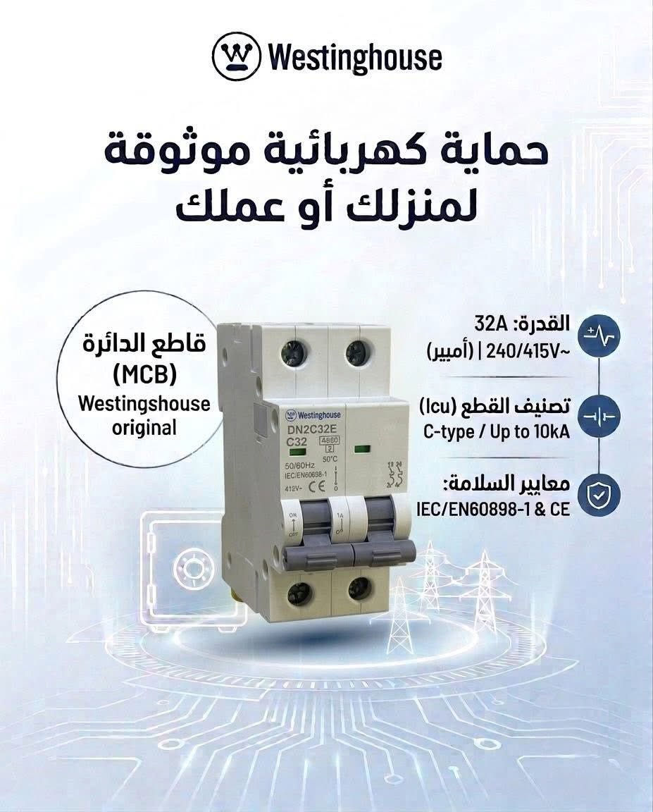 ⚡️الحماية الكاملة والأمان الحقيقي لمنزلك أو عملك! ⚡️
وفرنا لكم التشكيلة المتكاملة الأصلية من قواطع الدورة ومفاتيح الحماية(MCB/MCCB/RCD)
من الماركة العالمية الغنية عن التعريف Westinghouse.

✨لماذا تختار Westinghouse؟
حماية فائقة ضد التماس الكهربائي والأحمال الزائدة.
مطابقة لأعلى معايير السلامة العالمية وبأعلى كفاءة وتحمل.
الموثوقية والأمان اللي يحتاجها بيتك أو مشروعك.

📥للاستفسار والطلب: يرجى مراسلة بريد الصفحة .
#تحويل_الطاقة #استقرار_الطاقة #كهرباء #الشورجة #بغداد


**إذا كنت صاحب هذا الإعلان وتريد حذفه لأي سبب، رجاءا أرسل رسالة إلى الدعم الفني**