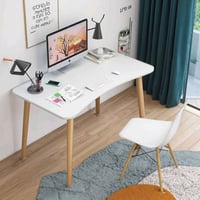 طاولة مكتب عصرية بلون أبيض مميز مع أرجل خشبية تعطيها مظهر أنيق ومودرن....