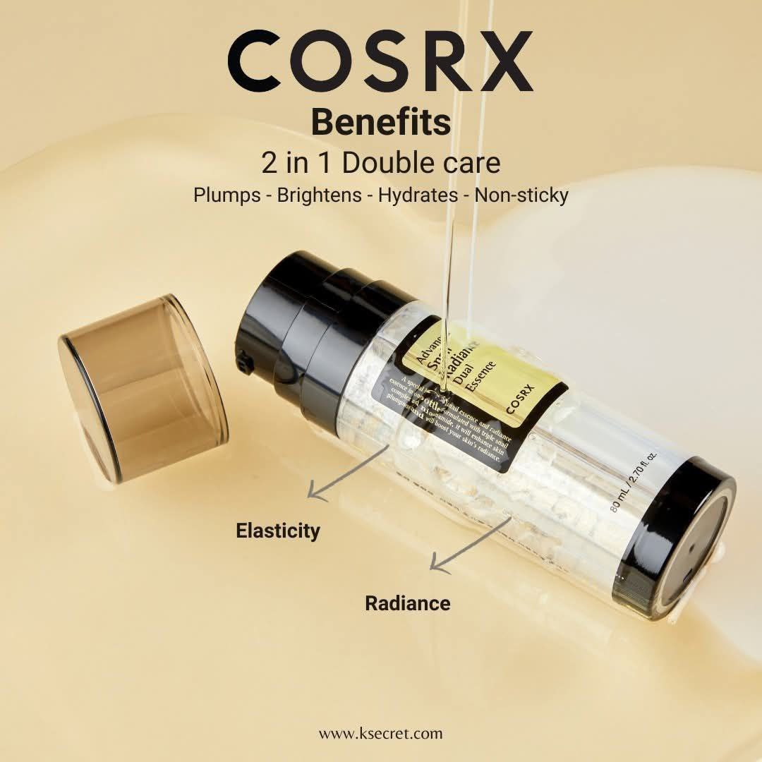 ✨سيروم كوزركس Advanced Snail Radiance Dual Essence  COSRX. سيروم مزدوج يجمع بين فوائد مستخلص الحلزون ومكونات تعزيز النضارة في عبوة واحدة. يجمع بين موسين الحلزون والنياسيناميد لتعزيز نضارة البشرة ومرونتها يعمل على ترطيب البشرة بعمق وتوحيد لونها.يأتي بحجم 80 مل.تتميز تركيبته بأنها سريعة الامتصاص ولا تترك ملمساً لزجاً.

✅ والفوائد الرئيسية:-
✔️تركيبة مزدوجة يحتوي المنتج على أنبوبتين داخليتين تضخان السيروم معاً عند الاستخدام؛ إحداهما توفر المرونة والترطيب، والأخرى تعزز نضارة وإشراق البشرة.
مركب الحلزون الثلاثي (74.3%): يجمع بين ثلاثة أنواع من مخاط الحلزون (الأرضي، والأسود، والذهبي) لترطيب البشرة بعمق وتحسين مرونتها.
✔️النياسيناميد (5%) يعمل على تفتيح لون البشرة، وتقليل البقع الداكنة، وتقوية حاجز الجلد.
✔️الترطيب والامتلاء يساعد السيروم على جعل البشرة تبدو ممتلئة وصحية، كما يعالج الجفاف والخشونة دون ترك ملمس لزج.
#الاصلي المنشأ كوريا 🇰🇷💯


**إذا كنت صاحب هذا الإعلان وتريد حذفه لأي سبب، رجاءا أرسل رسالة إلى الدعم الفني**