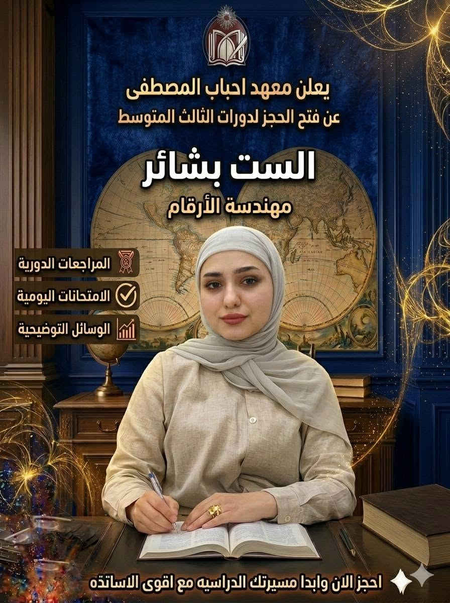 بشرى سارة إلى طلبتنا الأعزاء وأولياء الأمور الأفاضل.. يعلن معهد أحباب المصطفى عن فتح باب التسجيل والانضمام إلى دورات التقوية الشاملة لطلبة الصف الثالث المتوسط (المنهج الكامل).
​لأن مرحلة الثالث المتوسط هي خطوتك الأولى لتحديد مستقبلك، وفرنا لك أفضل بيئة تعليمية تضمن لك الإعفاء والدرجات العالية بإذن الله.
​📚 المواد المشمولة بالدورة:
​(الرياضيات 📐 | اللغة الإنجليزية 🔤 | الكيمياء 🧪 | الفيزياء 💡 | الأحياء 🧬 | اللغة العربية ✍️)
ملاحظة: يمكنك الاشتراك بالمواد كاملة أو اختيار مواد محددة حسب رغبتك.
​📍 للتسجيل والاستفسار:
​المقاعد محدودة جداً لضمان التركيز والاستيعاب داخل القاعة الامتحانية. سارع بحجز مقعدك الآن!
​🏢 العنوان: حي الأعلام الشارع العريض مقابل كراج خالد
​📞 أرقام الهاتف: ***********
​💬 راسلونا مباشرة: عبر رسائل الصفحة أو الواتس اب
​معهد أحباب المصطفى.. معاً نصنع جيل التفوق والنجاح 🌟

