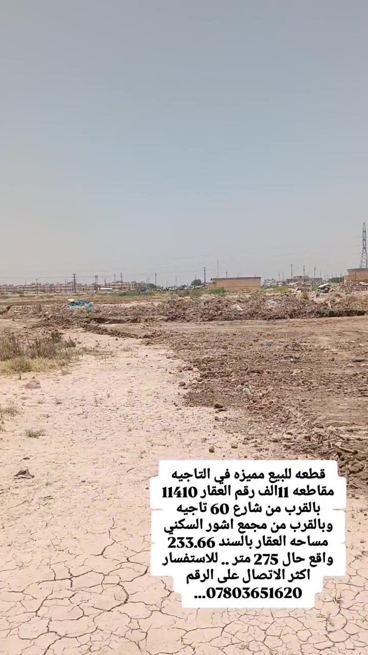 قطعه مميزه للبيع في التاجيه ال11الف قرب مجمع عشتار ثالث قطعه عن شارع 60 ركن على شارعين 10متر..
✅#رقم #العقار11410.. #طابوصرف..
✅#المساحه233.66متر
✅ #واقع #الحال275متر..
✅#القطعه #ركن #على #شارعين10متر..
✅#مثبته #الحدود #ومحدوله #وجهازه #للبناء #او #السكن #الخدمات #قريبه #عليه ،✅
✅#تصلح مُناصفه لان بيه #واجهتين #ركن137.5متر #و137.5متر..
✅#تبعد #عن #شارع #النجف400متر #تقريباً 
✅#وتبعد #عن#شارع60تاجيه40مترفقط..
✅#ثالث قطعه عن شارع 60....
✅#للاستفسار ولمعرفه السعر وبيه التفاصيل اكثر الاتصال ✅على #الرقم #التالي 📞 ⬇️
***********... #رقم #صاحب #العقار..
✅تصال عالرقم مباشره وتتدللون💸🔥🛑
