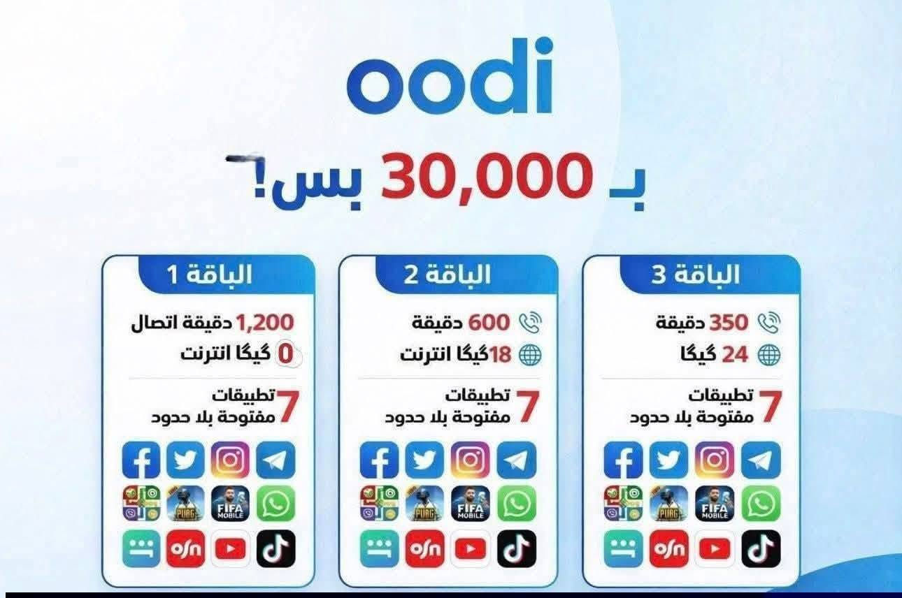 ويا أوودي كل شي صار سهل عرض أوودي 💜🥳
خطك يوصل الك لباب البيت 
التوصيل مجاني 
الشريحة مجانية 
تدفع فقط سعر الباقة 

شنو تنتظر اشترك هسة 😍😍

للحجز تواصل خاص او على الواتس اب 

***********
