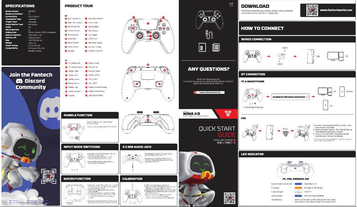 � 
أنظمة الاتصال (Connectivity)

الكنترولر يدعم نوعين رئيسيين من الاتصال:

1. 
الاتصال اللاسلكي

 • يستخدم تقنية Bluetooth 5.3
 • يوفر استقرار أعلى مقارنة بالإصدارات القديمة (مثل 4.2 أو 5.0)
 • زمن تأخير منخفض (Low Latency)
 • استهلاك طاقة أقل أثناء التشغيل

2. 
الاتصال السلكي

 • عبر منفذ USB Type-C
 • يوفر اتصال مباشر بدون تأخير
 • مناسب للألعاب التنافسية
 • يشحن الجهاز أثناء الاستخدام

🎮 
التوافق (Compatibility)

يدعم الكنترولر أنظمة متعددة بشكل رسمي:

 • PlayStation 5
 • Windows PC
 • Steam
 • Android
 • iOS
 • macOS

وهذا يجعله جهاز شامل يمكن استخدامه على أكثر من منصة بدون الحاجة لتبديل كنترولر.

🎯 
نظام الأزرار (Button System)

🔘 عدد الأزرار:

 • يحتوي على 21 زر

🔘 نوع الأزرار:

 • أزرار أمامية من نوع Membrane
 • تعطي ضغط ناعم وصامت نسبيًا
 • مناسبة للاستخدام الطويل

🔘 الأزرار الخلفية:

 • عددها 12 زر قابل للبرمجة (Macro)
 • يمكن تخصيصها لتنفيذ أوامر مختلفة
 • تدعم تخزين إعدادات متعددة

🕹️ 
الأنالوغ (Analog Sticks)

🔹 التقنية:

 • Hall Effect

🔹 الخصائص:

 • تعتمد على المجال المغناطيسي بدل الاحتكاك
 • تقلل احتمالية حدوث Stick Drift
 • عمر افتراضي أطول من الأنالوغات التقليدية
 • دقة أعلى في تتبع الحركة
 • استجابة خطية أكثر ثباتًا

🎯 
التريغرز (Triggers – L2 / R2)

🔹 التقنية:

 • Hall Effect

🔹 المواصفات:

 • قراءة دقيقة لمستوى الضغط (Analog Input)
 • استجابة تدريجية
 • عمر أطول بسبب غياب الاحتكاك الميكانيكي

⚡ 
الأداء (Performance)

📡 Polling Rate:

 • 250Hz سلكي
 • 250Hz لاسلكي

📡 معنى ذلك:

 • يتم تحديث الإشارة 250 مرة في الثانية
 • يعادل تأخير منخفض نسبيًا (~4ms)

🔋 
البطارية (Battery)

🔹 السعة:

 • 1000mAh (Li-ion)

🔹 مدة التشغيل:

 • تصل إلى 10 ساعات

🔹 الشحن:

 • عبر USB-C
 • يدعم الشحن أثناء اللعب

📏 
الأبعاد والوزن (Dimensions & Weight)

 • الطول: 160 mm
 • العرض: 108 mm
 • الارتفاع: 69 mm
 • الوزن: حوالي 291 غرام

🎮 
الحساسات (Sensors)

🔹 Gyroscope:

 • مستشعر حركة داخلي
 • يستخدم في الألعاب التي تدعم التحكم بالحركة

🖐️ 
لوحة اللمس (Touchpad)

 • مدمجة في الجزء الأمامي
 • تدعم الإيماءات
 • متوافقة مع ألعاب PS5

🔊 
الصوت (Audio Features)

 • منفذ 3.5mm Jack
 • يدعم سماعات الرأس
 • يحتوي على Speaker داخلي

🔌 
الطاقة (Power Input)

 • الجهد: 5V
 • التيار: 500mA

🎨 
التصميم والخامات (Design & Build)

 • هيكل بلاستيكي عالي الجودة
 • سطح مقاوم للانزلاق
 • توزيع وزن متوازن
 • تصميم مشابه ليد PS5

🎯 
الأنظمة الداخلية (Internal Systems)

 • نظام معالجة إشارات سريع
 • استجابة فورية للأوامر
 • دعم تعدد الأوضاع (Modes)

💡 
الإضاءة (Lighting)

 • إضاءة LED مدمجة
 • مؤشرات حالة التشغيل والاتصال

📦 
محتويات العلبة (Box Contents)

 • الكنترولر
 • كيبل USB-C
 • كتيب التعليمات
 • بطاقة ضمان

📊 
الخلاصة التقنية

 • Hall Effect في الأنالوغ + التريغر
 • Bluetooth 5.3
 • 250Hz Polling Rate
 • 21 زر + أزرار Macro
 • بطارية 1000mAh
 • دعم منصات متعددة
 • Gyro + Touchpad + Audio بغداد, العراق


**إذا كنت صاحب هذا الإعلان وتريد حذفه لأي سبب، رجاءا أرسل رسالة إلى الدعم الفني**