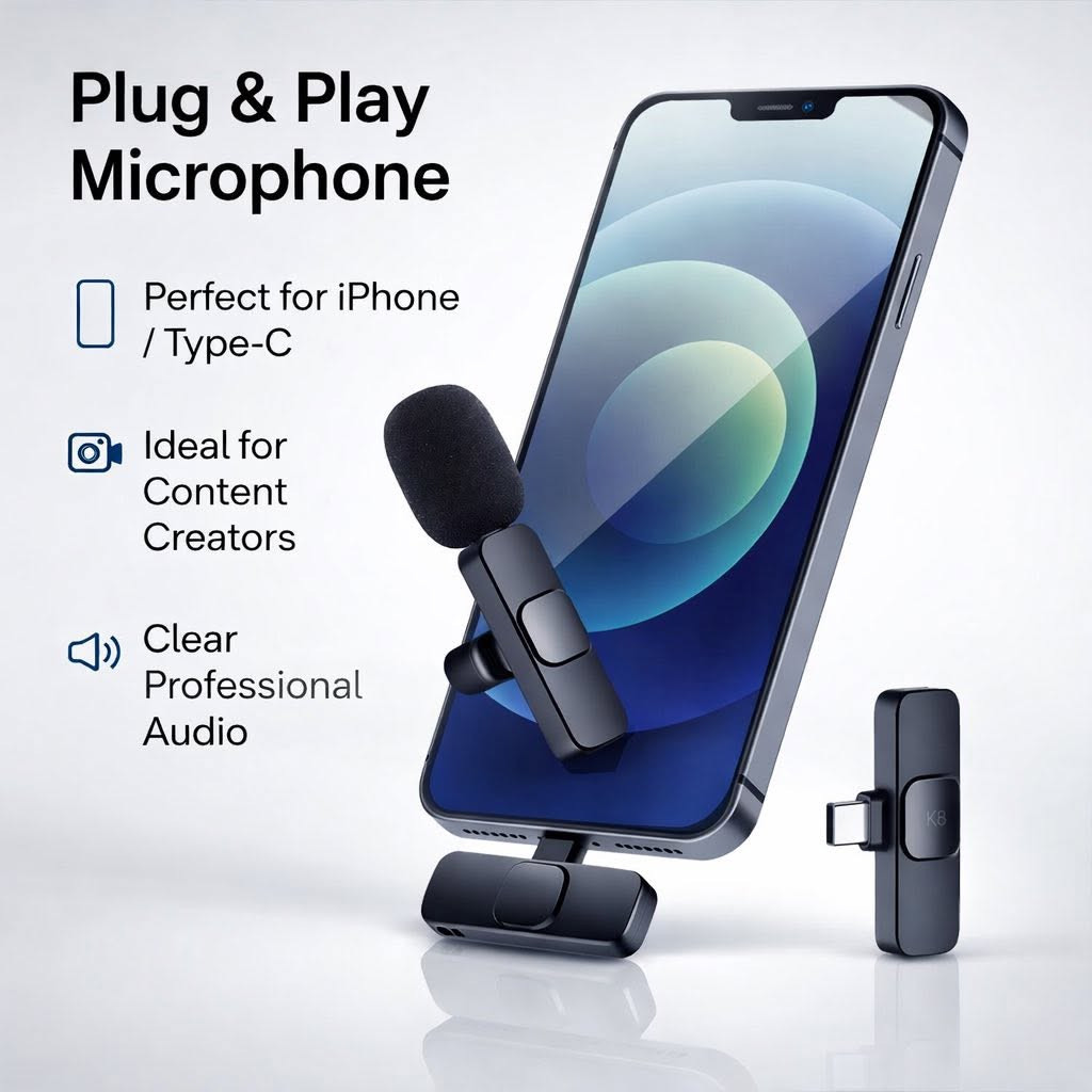 مايكروفون لاسلكي K8 للهواتف – Plug & Play لتسجيل الصوت والفيديو

مايكروفون لاسلكي صغير وسهل الاستخدام مصمم لتسجيل الصوت مع الهاتف مباشرة عبر المستقبل، مناسب للبث المباشر وتصوير الفيديو والمقابلات بدون الحاجة إلى تطبيقات إضافية.

• تشغيل مباشر Plug & Play
يعمل مباشرة بعد توصيل المستقبل بالهاتف دون الحاجة إلى تنزيل أي تطبيق.

• نظام مايكروفون لاسلكي مع مستقبل
يتكون من قطعتين: مايكروفون مرسل يتم تثبيته بالملابس، ومستقبل يتم توصيله بالهاتف.

• مدى استقبال حتى 20 متر
يدعم استقبال الصوت لاسلكياً حتى مسافة تصل إلى 20 متر.

• مؤشرات ضوئية للحالة
مزود بمؤشرات ضوئية توضح حالات التشغيل والاقتران والشحن ومستوى البطارية.

• مناسب للبث والتصوير
مناسب لـ:
البث المباشر (Live show)، المقابلات (Interview)، وتصوير فيديوهات Vlog.

• توافق واسع مع الهواتف
توفر نسخ تعمل مع iPhone و Type-C.

 • الموديل: K8 Wireless Microphone
 • النوع: مايكروفون لاسلكي مع مستقبل للهاتف
 • المدى اللاسلكي: حتى 20 متر
 • طريقة الاستخدام: Plug & Play
 • مكونات النظام: مرسل (Microphone transmitter) + مستقبل (Receiver)
 • مؤشر بطارية منخفضة: عند أقل من 20%

محتويات العلبة:
 • مايكروفون مرسل (Microphone transmitter)
 • مستقبل للهاتف (Receiver)
 • كابل شحن
 • دليل المستخدم (User Manual)

سعر المنتج 15 الف 
والتوصيل مجانا 
جميع محافضات العراق 

للحجز واتساب 
***********
