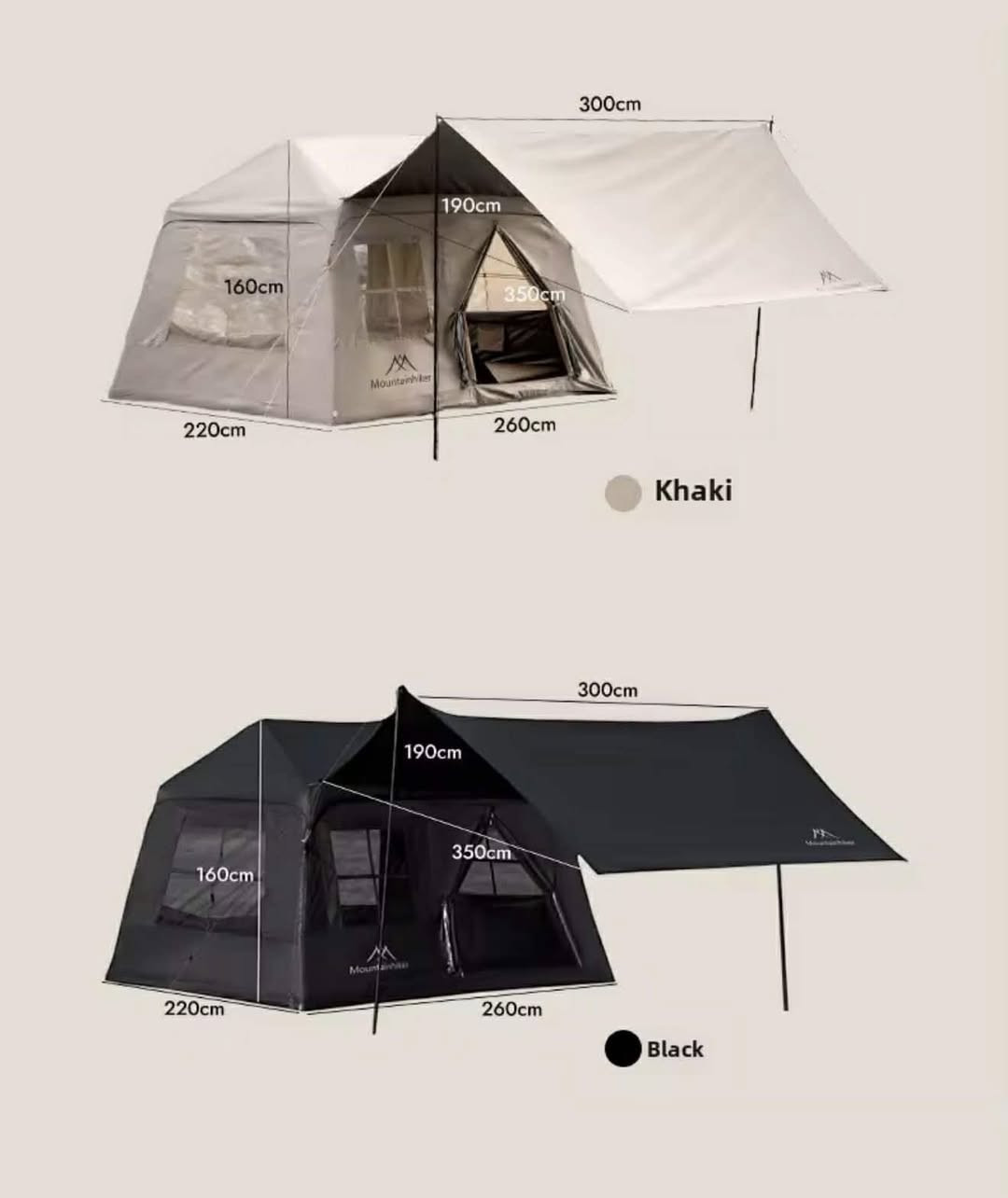 السلام عليكم توفرت خيمة نفخ من ماركة مونتن هايكر Mountanhiker المتخصصة في عالم التخييم مصنوعة من مواد عالية الجودة قماش اوكسفورد 210D المقاوم للماء معها مظلة امامية متوفرة باللونين الاسود والصحراوي 
قياس الخيمة العرض ٢ متر و ٦٠ سانتمتر الطول ٢ متر و ٢٠ سانتمتر الارتفاع ١ متر و ٦٠ سانتمتر 
قياس المظلة العرض ٣ متر الطول ٣ متر و ٥٠ سانتمتر الارتفاع ١ متر و ٩٠ سانتمتر 
الوزن الصافي للخيمة ١٠ كيلو غرام ونص 
تواصل خاص او *********** واتساب
