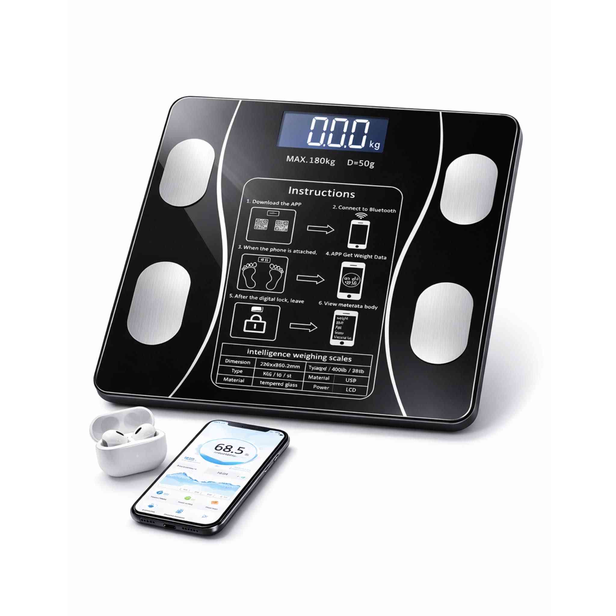 شكل انيق وعملي 
- يربط على التطبيق لقياس وتتبع الوزن, الدهون, السوائل, وباقي تفاصيل الجسم 

- يدعم التطبيق أكثر من مستخدم للميزان في نفس الوقت 

- شاشة عرض رقمية مضيئة 

- خاصية تتبع التغيرات التي تطرأ على الجسم مع مرور الوقت

- لوح من الزجاج عالي القوة وتم تصميم الزوايا الأربع بزوايا مدورة آمنة  

- يدعم الاوازان من 0.2 - 180 kg

- زر للتحكم بوحدات القياس كيلو / رطل 

- أبعاد الجهاز: 26 × 26 سم

- الملحقات: بطارية نوع AAA بغداد, العراق


**إذا كنت صاحب هذا الإعلان وتريد حذفه لأي سبب، رجاءا أرسل رسالة إلى الدعم الفني**