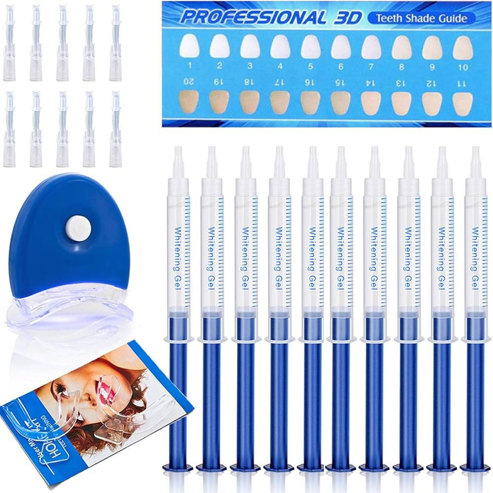إبر جل تبييض الأسنان: تحتوي على مادة مبيضة، غالباً ما تكون بيروكسيد الكارباميد بتركيزات تتراوح بين 35% إلى 44%.
ضوء LED: يُستخدم لتسريع عملية تبييض الأسنان وتفعيل الجل.
قوالب الفم (Trays): قوالب سيليكون يتم وضع الجل فيها وتركيبها على الأسنان.
دليل درجات ألوان الأسنان: بطاقة لمقارنة درجة لون أسنانك قبل وبعد الاستخدام. السعر ١٠ مفيد للمدخنين والي يعانون من اصفرار الاسنان


**إذا كنت صاحب هذا الإعلان وتريد حذفه لأي سبب، رجاءا أرسل رسالة إلى الدعم الفني**