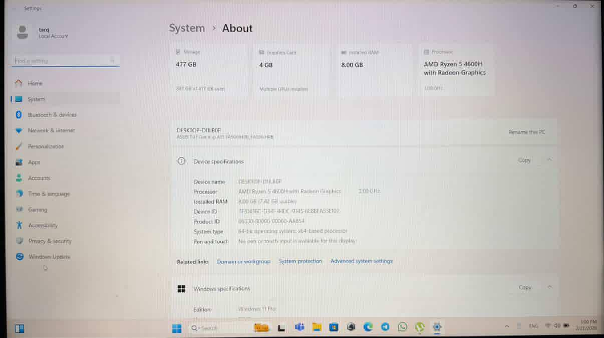 للبيع نوع الجهاز: ASUS TUF Gaming A15.
الموديل الدقيق: FA506IHRB.
المعالج والذاكرة
المعالج (CPU): AMD Ryzen 5 4600H.
سرعة المعالج: 3.00 GHz.
الذاكرة العشوائية (RAM): 8.00 GB.
كروت الشاشة (Graphics)
يحتوي الجهاز على كرتين شاشة:
الكرت المنفصل (للألعاب): NVIDIA GeForce GTX 1650.
ذاكرة الكرت (VRAM): 4 GB 
الكرت المدمج: AMD Radeon Graphics.
التخزين والنظام
سعة التخزين (SSD): 512 GB  
نظافة 100% 
للبيع تفاصيل عالخاص وشكرا


**إذا كنت صاحب هذا الإعلان وتريد حذفه لأي سبب، رجاءا أرسل رسالة إلى الدعم الفني**