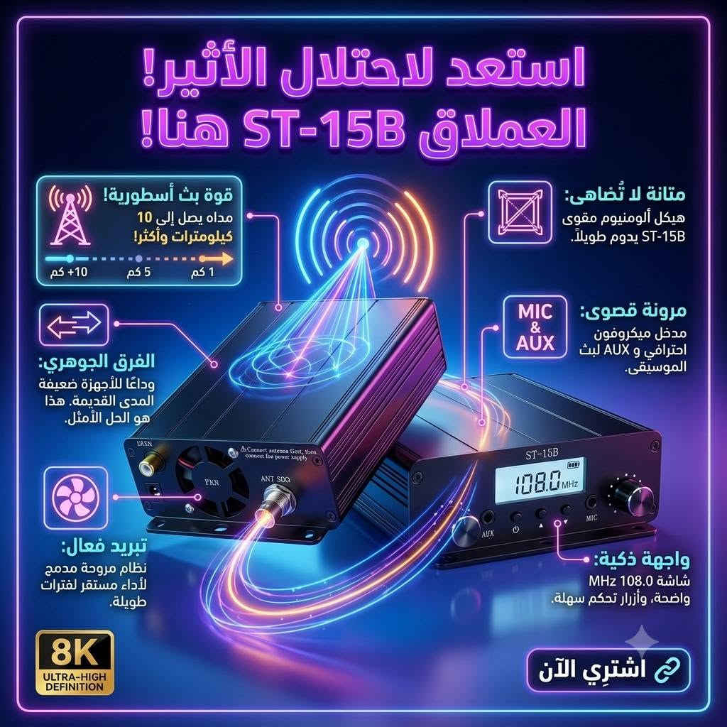 إ
**🚀 استعد لاحتلال الأثير! العملاق ST-15B وصل أخيراً! 📻✨**
هل تعبت من أجهزة البث الضعيفة والمتقطعة؟ هل تبحث عن أداء احترافي يغطي مساحات شاسعة بنقاء صوت لا يضاهى؟
ودّع الأجهزة القديمة واكتشف الحل الأمثل لتجارب البث الإذاعي والترددات الراديوية! 💥
🌟 **لماذا جهاز ST-15B هو خيارك الأول؟ إليك المواصفات الجبارة:**
📡 **قوة بث أسطورية:** مدى إرسال جبار يصل إلى **10 كيلومترات وأكثر**! (وداعاً لمشكلة الإشارة الضعيفة).
🛡️ **متانة لا تُضاهى:** تصميم صناعي فاخر بهيكل من الألمنيوم المقوى، مصمم ليتحمل أشق الظروف ويدوم طويلاً.
❄️ **تبريد فعال ومستمر:** على عكس الأجهزة التي ترتفع حرارتها بسرعة، هذا الموديل مزود بنظام مروحة مدمج (Built-in Fan) يضمن لك أداءً مستقراً لساعات بث طويلة ومستمرة.
🎤 **مرونة قصوى للشبك:** مزود بمداخل احترافية للميكروفون (MIC) ومدخل (AUX) لربط مصادر الصوت المختلفة وبث الموسيقى أو التوجيهات الصوتية بأعلى جودة.
🎛️ **واجهة تحكم ذكية ودقيقة:** شاشة رقمية مضيئة وواضحة جداً، مع أزرار تحكم سهلة وسريعة لضبط الترددات بدقة متناهية.
⚡ **الفرق الجوهري بين ST-15B وباقي الموديلات في السوق:**
معظم الأجهزة التجارية المتوفرة عبارة عن هياكل بلاستيكية تعاني من تداخل الموجات، قصر المدى، والانهيار الحراري بعد ساعات من التشغيل.
أما **ST-15B**، فهو مصمم هندسياً بـ "مشتت حراري معدني" متكامل ودوائر إرسال مستقرة. هو ليس مجرد جهاز بث عادي، بل قطعة احترافية لكل مهتم بمجال الترددات اللاسلكية وتغطية المساحات الكبيرة بكفاءة تامة! 🌐
🛒 **التميز في البث يبدأ من هنا.. احجز جهازك الآن!**
🔗 الكمية محدودة جداً!
📩 **للطلب ومعرفة السعر، تواصلوا معنا عبر رسائل الصفحة الآن وسنكون بخدمتكم!** 🏃‍♂️💨
لايحتوي على انتنا او شاحن


**إذا كنت صاحب هذا الإعلان وتريد حذفه لأي سبب، رجاءا أرسل رسالة إلى الدعم الفني**
