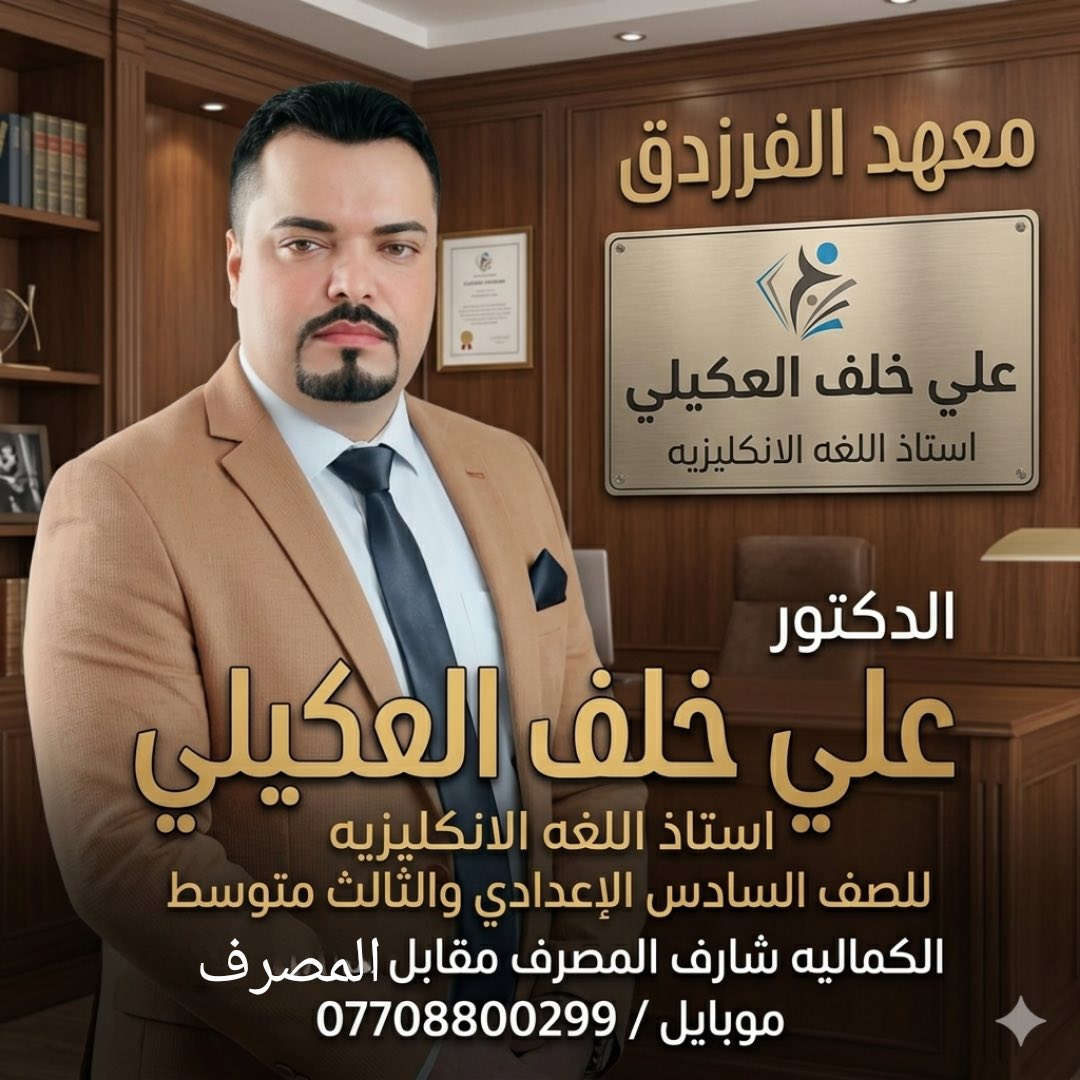 تريد ضمان نجاح وبدرجات ممتازه في اللغه الانكليزيه
لمراحل السادس إعدادي والثالث متوسط 
سيكون معكم 
الدكتور علي خلف العكيلي 
في معاهد 
معهد مارينا / زيونه / مجاور دار الأزياء العراقيه 
معهد الفرزدق / الكماليه / شارع المصرف 
معهد السجود / المعامل / العماري 

الاستفسار والتواصل متوفر واتساب 
***********
