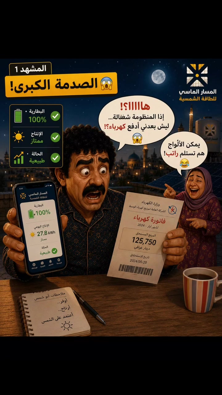 يوميات أبو شمس حلقة رقم ١٠ 
ليش بعدتي ادفع فاتورة كهرباء رغم عندي طاقة شمسية
 #طاقة_شمسية 
 #انفيرتر 
 #منظومات_شمسية 
 #المسار_الماسي 
 #طاقة 
 #بطاريات_ليثيوم 
 #ألواح_شمسية 
 @أبرز المعجبين 
 المسار الماسي للطاقة الشمسية


**إذا كنت صاحب هذا الإعلان وتريد حذفه لأي سبب، رجاءا أرسل رسالة إلى الدعم الفني**