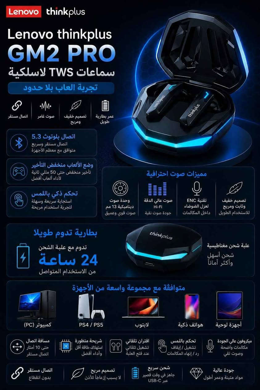 ⚡ سماعات الألعاب اللاسلكية Lenovo thinkplus GM2 PRO – تجربة ألعاب بلا حدود!

🚀 المميزات والمواصفات التفصيلية:

🔹 صوت احترافي غامر: مزودة بوحدة صوت ديناميكية بحجم 13 مم توفر صوتاً قوياً وعميقاً، مع جودة صوت نقية وعالية الدقة (Hi-Fi) لتجربة استماع وتحديد اتجاهات غامرة.

🔹 وضع ألعاب منخفض التأخير: تضمن لك أداء ألعاب احترافي بفضل تقليل التأخير حتى 50 مللي ثانية، لتعيش اللحظة بدون أي بطء في نقل الصوت.

🔹 مكالمات واضحة وعزل ضوضاء (ENC): تحتوي على ميكروفون عالي الجودة يوفر مكالمات واضحة وصوتاً نقياً، ومدعومة بتقنية (ENC) لعزل الضوضاء المحيطة أثناء المكالمات لضمان تواصل فعال مع فريقك.

🔹 بطارية تدوم 24 ساعة وشحن سريع: مزودة بشريحة متطورة تستهلك طاقة أقل لتوفر لك حتى 24 ساعة من الاستخدام المتواصل (مع العلبة). وتتميز بعلبة شحن مغناطيسية (لشحن أسهل وأكثر أماناً) تدعم الشحن السريع عبر منفذ USB-C.

🔹 اتصال بلوتوث 5.3 واقتران تلقائي: توفر اتصالاً سريعاً ومستقراً بدون انقطاع لمسافة تصل حتى 10 أمتار بفضل تقنية بلوتوث 5.3، مع ميزة الاقتران والتشغيل التلقائي بمجرد فتح العلبة.

🔹 تصميم خفيف وتحكم باللمس: تتمتع بتصميم خفيف، ثابت، ومريح جداً للاستخدام الطويل ولا يسبب إزعاجاً للأذن. كما تدعم التحكم الذكي باللمس (لتشغيل/إيقاف المقاطع، والرد/إنهاء المكالمات) باستجابة سريعة وسهلة.

🔹 توافق شامل مع الأجهزة: متوافقة مع مجموعة واسعة من الأجهزة لضمان سهولة الاستخدام، وتشمل: أجهزة الكمبيوتر (PC)، البلايستيشن (PS4 / PS5)، اللابتوب، الهواتف الذكية، والأجهزة اللوحية.

الحالة: متوفر ✅
💰السعر: 22 الف فقط! بغداد, العراق


**إذا كنت صاحب هذا الإعلان وتريد حذفه لأي سبب، رجاءا أرسل رسالة إلى الدعم الفني**