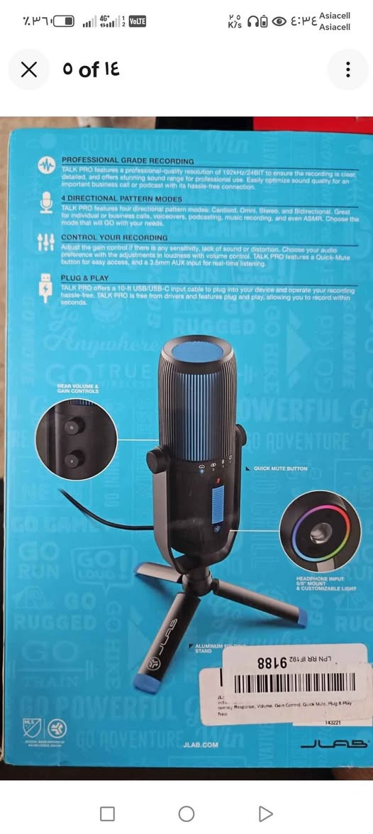 ‎ميكروفون JLab Talk Pro USB هو جهاز تسجيل صوتي احترافي يتميز بما يلي: 
معدل تسجيل يصل إلى 192 كيلوهرت‎ بغداد, العراق


**إذا كنت صاحب هذا الإعلان وتريد حذفه لأي سبب، رجاءا أرسل رسالة إلى الدعم الفني**