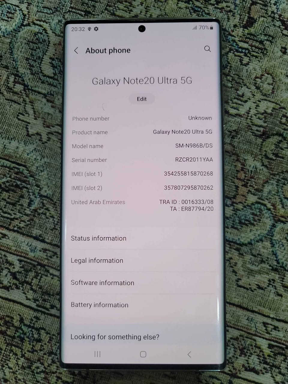 Note 20 ultra 
2دووسیمکارت. 
ڕام 12.
256گێگا.
موبایلەکە پاک ماوەتەوەو هیچ دووبارەیەکوو تەبعی شاشەیی نیە بەزامانیی 3 ڕۆژ.
نرخی 215$ دۆلارە.
شوێن سلێمانی بەگرەجۆ.
.ژ.م. ***********. السليمانية, العراق
