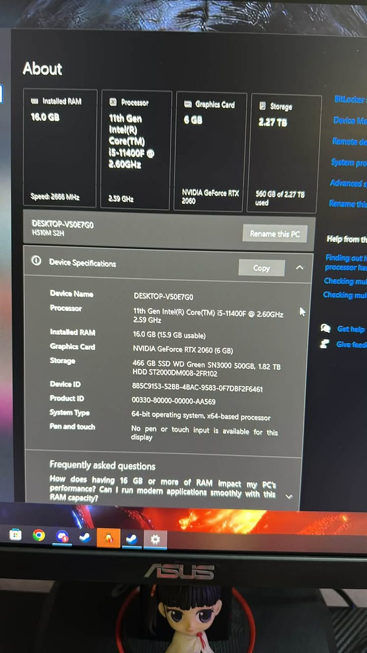 سلا م عليكم PC البيع
معالج: Intel i5-11400F (الجيل 11).
 الرام: 16 GB (بسرعة 2666 MHz).RGB
 كرت الشاشة: RTX 2060 (بمساحة 6 GB)
 SSD WD 500 GB هارد
 HDD Seagate 2 TB هارد
 : H510M S2H. نوعها Gigabyte بورد 
مبرد ماىي RGB 
شاشه ازوز/ حجم 24/ 144هرتز
سعر ٩٠٠بيه مجال


**إذا كنت صاحب هذا الإعلان وتريد حذفه لأي سبب، رجاءا أرسل رسالة إلى الدعم الفني**