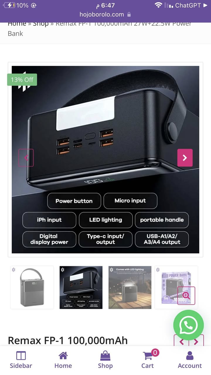 السلام عليكم باور بانك fp-1 سعه 100000mAhعملاقه
اربع منافذ usb ومنفذ تايب سي تدعم الشحن السريع و4اجهزة تشحن بنفس الوقت تطول كلش  جديده ماصارلها شهر اول ماصارت الازمه اخذتها 

قفلها 75الف مكاني اربيل باداوه


**إذا كنت صاحب هذا الإعلان وتريد حذفه لأي سبب، رجاءا أرسل رسالة إلى الدعم الفني**