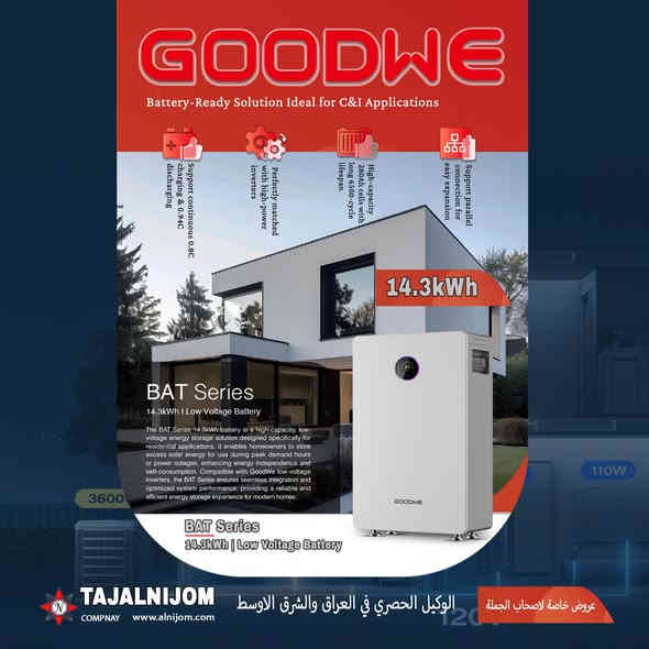 بطارية BAT Series ( ضمان استبدال )
 بقدرة 14.3kWh من GoodWe Solar Engine هي وحدة تخزين طاقة منزلية عالية السعة ومنخفضة الجهد، مصممة لتخزين الفائض من الطاقة الشمسية واستخدامه في أوقات ذروة استهلاك الكهرباء أو عند انقطاع التيار، مما يزيد استقلالية المستخدم ويرفع معدل الاعتماد على الطاقة المتولدة ذاتيًا.
تتوافق البطارية مع إنفرترات GoodWe منخفضة الجهد لتوفير تكامل كامل وأداء مستقر وفعّال في أنظمة الطاقة المنزلية الحديثة.
السعة 14.3 كيلوواط ساعة: كمية الطاقة التي يمكن تخزينها، وتكفي لتشغيل منزل صغير لعدة ساعات حسب الأحمال.

Low Voltage: تعمل بجهد منخفض (عادة بين 48–120V) وهذا يجعلها:
أكثر أمانًا في التركيب والتشغيل.
مناسبة لأنظمة الطاقة الشمسية المنزلية خصوصًا عند استخدام إنفرترات تعمل بجهد منخفض.

تستخدم  في:
أنظمة تخزين الطاقة المنزلية.
تشغيل أحمال حرجة عند انقطاع الكهرباء.
دعم منظومات الطاقة الشمسية لزيادة الاعتماد على الطاقة المخزنة بدل الشبكة.
تكون من نوع LiFePO4 لأنها:
أطول عمرًا.
أكثر أمانًا.
تتحمل عدد كبير من دورات الشحن والتفريغ.
يمكن توصيل أكثر من بطارية لزيادة السعة حسب الحاجة.

أهم المميزات التقنية:
تدعم شحن مستمر حتى 0.8C وتفريغ حتى 0.94C لسرعة استجابة أعلى.
إمكانية التوصيل على التوازي للتوسعة بسهولة وزيادة السعة حسب الحاجة.
خلايا 280Ah عالية الجودة بعمر تشغيلي يصل إلى 6500 دورة تشغيل.
متوافقة تمامًا مع إنفرترات ذات قدرة عالية لضمان أفضل أداء واستفادة من الطاقة.
--------------------------------------
اطلبها الان من الوكيل الحصري في العراق والشرق الاوسط
GOODWE ALNIJOM 

📍بغداد - شارع الصناعة 
للطلب او الاستفسار :
***********
***********

https://maps.app.goo.gl/AF2rv2wokj1kVSpm7?g_st=ipc
