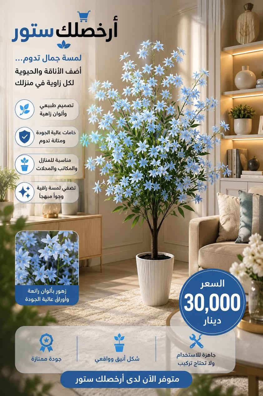 🌿🌿 أرخصلك ستور # ... لمسة خضراء تغيّر أجواء المكان بالكامل 🌿✨

إذا تحب تضيف فخامة وحيوية لبيتك أو مكتبك بدون تعب السقي والعناية، جبنالكم أشجار زينة صناعية بتصميم واقعي جداً وكأنها طبيعية 100% 🌳🏡

✅ أوراق كثيفة وألوان طبيعية جذابة
✅ خامات عالية الجودة ومتينة تدوم لفترة طويلة
✅ مناسبة للمنزل، المكتب، المحلات وقاعات الضيافة
✅ تضيف لمسة راقية وفخمة لأي زاوية
✅ جاهزة للاستخدام مباشرة ولا تحتاج عناية أو سقي
✅ متوفرة بعدة أشكال وألوان تناسب جميع الأذواق

📏 الارتفاع: الاشجار الملونة ارتفاعها ١٥٠سم
        الاشجار الخضار او الحمراء  ارتفاعها ١٢٥سم
💰 السعر: 30,000 دينار فقط لجميع انواع الاشجار.

🎁 خيار مثالي لديكور الصالات، المداخل، المكاتب وزوايا التصوير.

📩📩📩 للحجز يرجى مراسلة الصفحة.

🚚🚚🚚 توجد خدمة توصيل لجميع محافظات العراق.

📍 عنواننا: كوت / شارع دور العمال الرئيسي السايدين # مجاور مجمع التميمي أحمد.

🌿 أرخصلك ستور... لأن الجمال يبدأ من التفاصيل الصغيرة. 🌿✨


**إذا كنت صاحب هذا الإعلان وتريد حذفه لأي سبب، رجاءا أرسل رسالة إلى الدعم الفني**