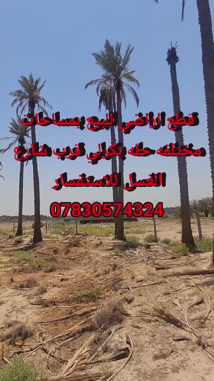 قطع اراضي مساحات مختلفه خدامات كامله قريب ع شارع 
حله بكرلي قرب شارع الغسل للاستفسار *********** 
طابو زراعي سند 25
