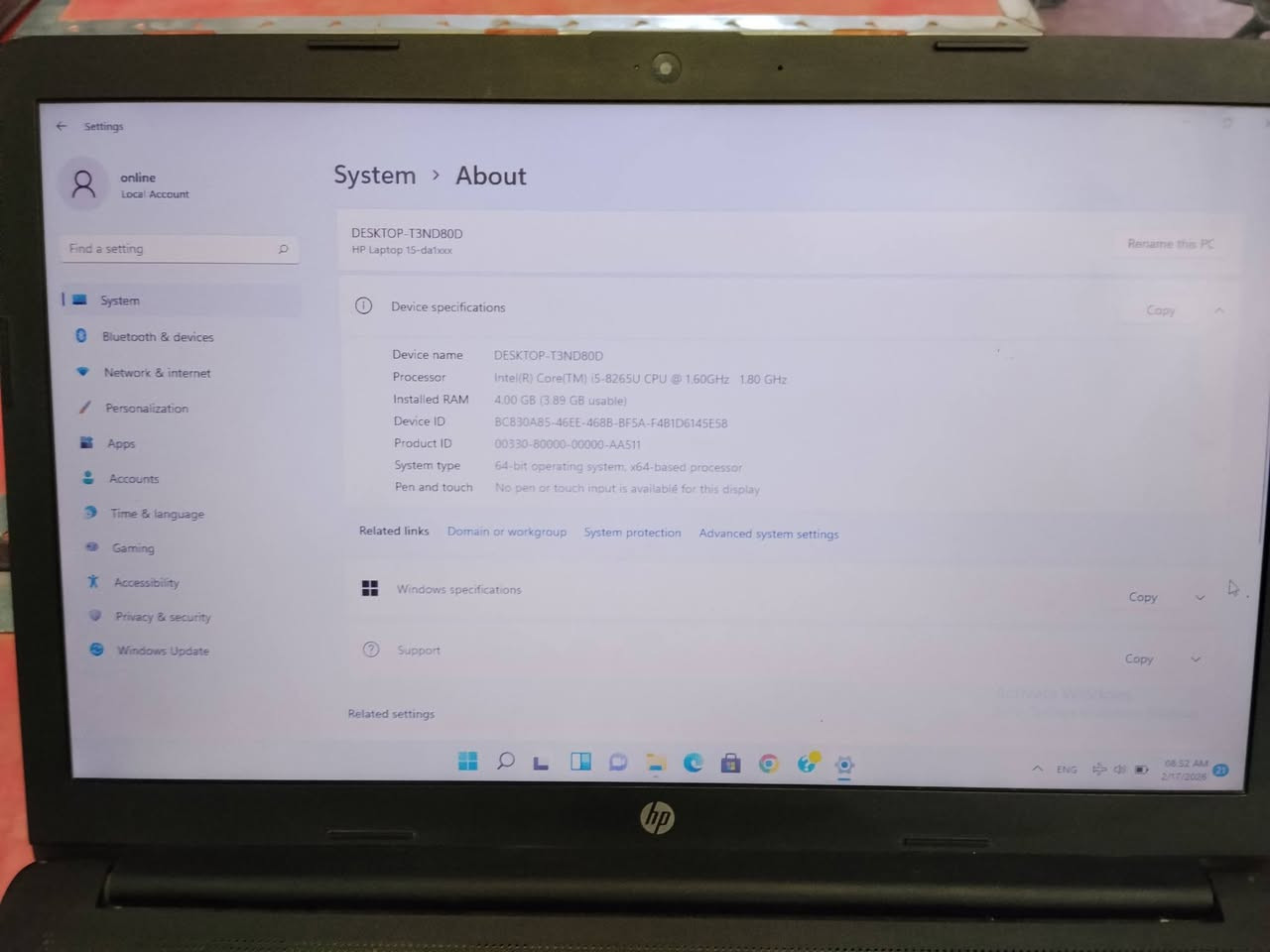 ✅ الموديل: HP Laptop 15-da1xxx✅ المعالج: Intel Core i5-8265U (الجيل الثامن) سرعة 1.6GHz✅ الرام: 4GB✅ التخزين: SSD سعة 256GB (سريع)✅ كرت الشاشة:

Intel UHD Graphics

NVIDIA GeForce (منفصل)

 حالة الجهاز: سريع بالاستخدام اليومي والتصفح والبرامج.

📍 السعر:250 الف📞 للتواصل: ***********
