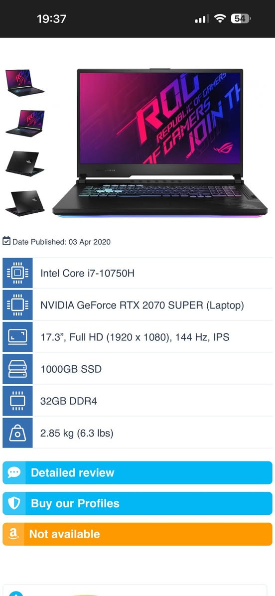 Asus Rog Strix G712LWS
Ram: 32 Gb 
GPU:  NVIDIA GeForce RTX
 2070 Super (8GB) 
Processor:  Intel(R) Core(TM) i7 
STORAGE: SSD 1T
sceen size 17.3
najaf
***********
