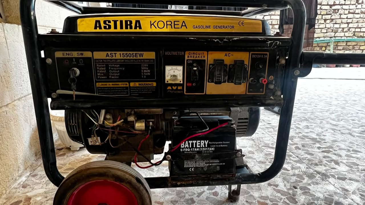 ⚡ للبيع مولدة بنزين ASTIRA KOREA أصلية ⚡
✅ الموديل: AST 15505EW
✅ القدرة: 5 كيلوواط مستمر (5.5 كيلوواط حد أقصى)
✅ 220 فولت – 50 هرتز
✅ تشغيل سلف + حبل
✅ مزودة بمنظم جهد AVR
✅ شغالة بكفاءة وجاهزة للفحص والتجربة
يعطي تقريباً 22امبير
مناسبة لتشغيل أجهزة المنزل، المكيفات، الثلاجات، الإنارة وغيرها.

💰 السعر: 300,000 دينار قابل للتفاوض بالمعقول.

📍 الموقع: (ناصرية حي الخضراء)
📞 للاستفسار: (***********)
