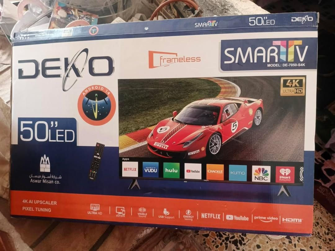 بلازما Deko
حجم 50 
دقة 4k حقيقي مو مثل التجاري الي بالسوك 
تدعم HDR 10
سمارت اندرويد 14
شاشة فريملس يعني بدون حواف 
وبعد بيها هواي مواصفات

سعرها 350 قفل 
عنواني ميسان العمارة حي العسكري 
***********

