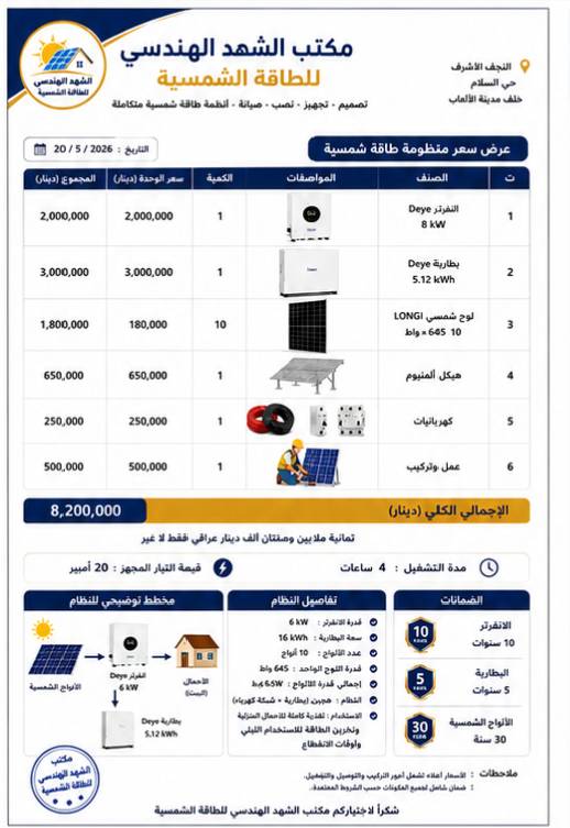☀️ استثمر في طاقة المستقبل ووفر فاتورة الكهرباء مع أنظمة الطاقة الشمسية.
نوفر منظومات طاقة شمسية متكاملة بأفضل الأسعار، مع تجهيز وتركيب احترافي، وكفالة حقيقية، وخدمة ما بعد البيع.
✅ يتوفر البيع نقدًا وبالتقسيط وفق الشروط.
✅ استشارة مجانية لاختيار المنظومة المناسبة لمنزلك أو مشروعك.
📲 للتواصل والاستفسار عبر واتساب:
***********
🌞 الشهد الهندسي للطاقة الشمسية
طاقة نظيفة... مستقبل أفضل.
وين موقعكم بالضبط بالعراق؟ وأي محافظة/منطقة ممكن توصلون إلها للتركيب؟: 
النجف 
تگدرون تكتبون الموديلات الكاملة والماركات لكل قطعة: الانفرتر، البطاريات، الألواح، وباقي الملحقات؟: 
موجوده 