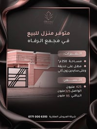 🏡 بيت للبيع – مجمع الرفاه السكني 📍 المساحة: 250 م² 🌳 الموقع: مطل على ح...