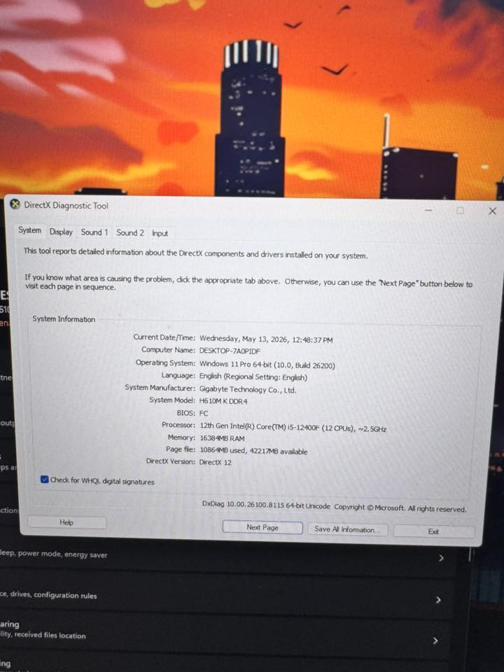 تجميعة للبيع :

* المعالج: Intel Core i5-12400F الجيل 12
* عدد الأنوية / الخيوط: 6 أنوية / 12 خيط معالجة
* التردد: حوالي 2.5GHz
* الرام: 16GB DDR4
* اللوحة الأم: Gigabyte H610M K DDR4
* كرت الشاشة: NVIDIA GeForce RTX 4060 8GB
* الذاكرة الرسومية:
    * VRAM: ‏7957MB
    * Shared Memory: ‏8108MB
* نظام التشغيل: Windows 11 Pro 64-bit
* إصدار DirectX: DirectX 12 Ultimaك

    شاشة جديدة
Msi 27
2k
مع ماوس وكيبوردات اثنين

1،400،000
مكان كربلاء 

***********
