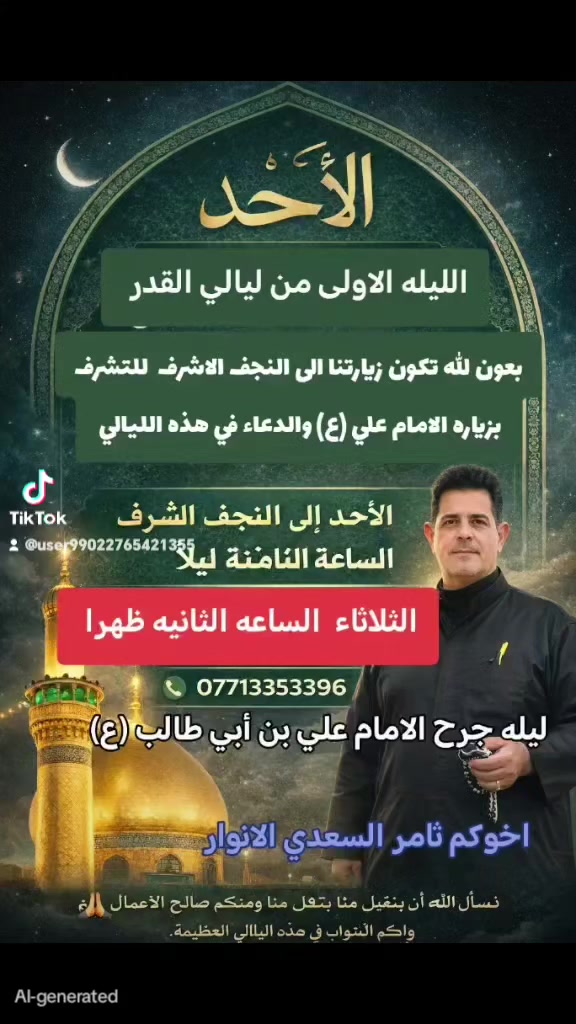 الأحد – الليلة الأولى من ليالي القدر
ليلة 19 من شهر رمضان المبارك 🌙 الساعه الثامنه ليلا 
الثلاثاء الليله الثانيه هي ليله شهاده الامام علي بن ابي طالب (ع)  الساعه الثانيه ظهرا 
بعون الله تعالى ستكون زيارتنا إلى النجف الأشرف للتشرف بزيارة أمير المؤمنين الإمام علي (عليه السلام) والدعاء في هذه الليلة المباركة.
🕗 #الاحد موعد الانطلاق: #الساعة الثامنة مساءً
🕗 #الثلاثاء  موعد الانطلاق: #الساعة 2:00 ظهرا 
📞 للحجز والاستفسار: ***********
***********
***********
نسأل الله أن يتقبل منا ومنكم صالح الأعمال وأن يكتب لنا ولكم الأجر والثواب في هذه الليالي العظيمة. 🤲
حملة أم البنين الطاهرة (ع)
أخوكم ثامر السعدي
