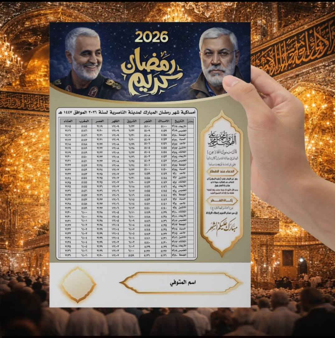 🌙 #إمساكيات #شهر #رمضان #المبارك
نوفر لكم إمساكيات شهر رمضان المبارك خاصة بقضاء الرفاعي فقط

100 امساكية ب 5 الف
150 امساكية ب 8 الف
200 امساكية ب 10 الف
300 امساكية ب 15 الف
400 امساكية ب 20 الف
500 امساكية ب 25 الف

(((‏توصيل مجاني))) 

🖨️ طباعة واضحة – ورق ممتاز – تصميم أنيق
📄 مناسبة للمحلات، الجوامع، الحسينيات، البيوت
📍 التوقيتات دقيقة حسب قضاء الرفاعي
📦 الكميات متوفرة – أسعار مناسبة
📩 للطلب والاستفسار مراسلتنا خاص 
او لأتصال على ***********  /  ***********
