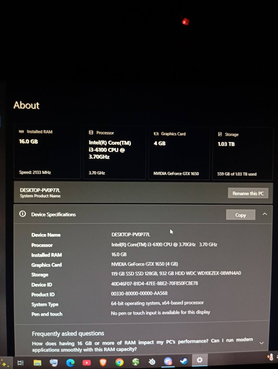 Pc :
i3-6100 CPU 3.70 GHz
Ram 16g ddr4 
Storage 128 ssd
1T 
كارت شاشه 
GTX 1650 4G
السعر :350 الف قفل 
مكاني : حي العامل / بغداد 
الرقم : ***********
