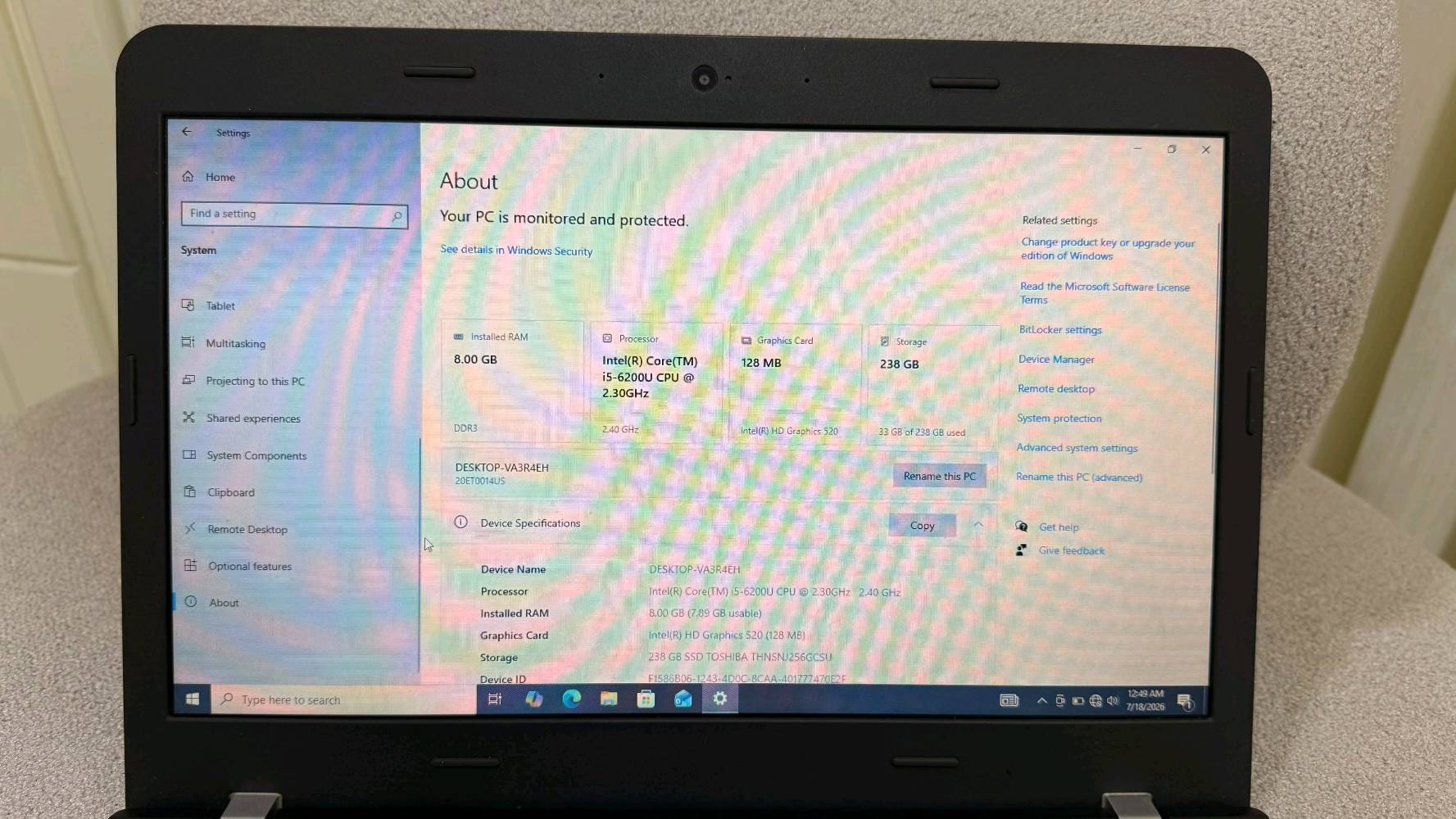 💻 للبيع لابتوب Lenovo ThinkPad (حالة جيدة جداً)

🔹 الموديل: Lenovo ThinkPad
🔹 المعالج: Intel Core i5-6200U بسرعة 2.30GHz
🔹 الرام: 8GB DDR3
🔹 الخزن: SSD Toshiba 256GB
🔹 كرت الشاشة: Intel HD Graphics 520
🔹 النظام: Windows 10 Pro 64-bit
🔹 الشاشة: 14 إنج
🔹 المنافذ: HDMI، LAN، 3 منافذ USB، مدخل سماعة
🔹 البطارية: تعمل بصورة طبيعية
🔹 الشاحن: أصلي موجود ويا الجهاز

✅ مناسب للدوام والدراسة والأوفيس والبرمجة والتصفح والعمل على برامج الجامعة.
✅ سريع بالإقلاع والتشغيل بسبب الـ SSD.
✅ الكيبورد والتاتش والكاميرا شغالات بصورة طبيعية.
✅ الجهاز نظيف ومفحوص وجاهز للاستخدام مباشرة.

📍المعاينة على الطبيعة متوفرة.
📩 للاستفسار 
الاتصال على الرقم ***********
أو التواصل خاص.