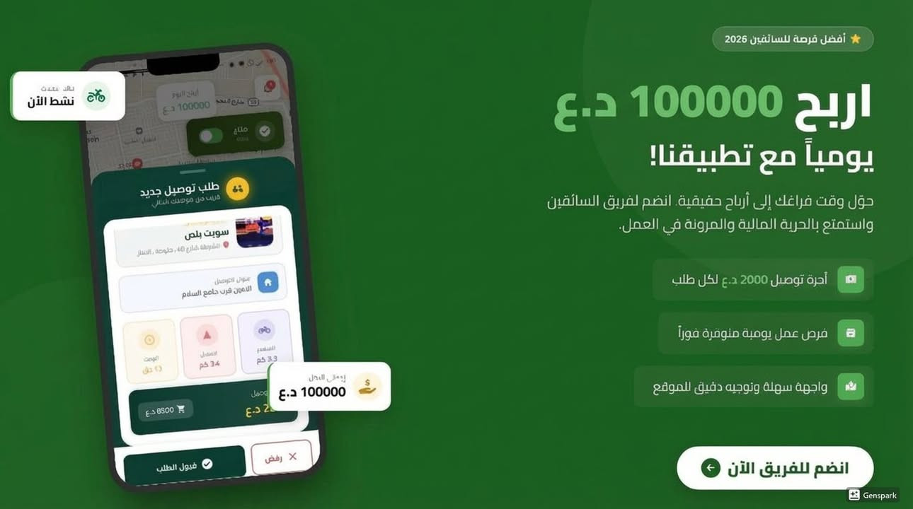إعلان عمل – شركة سوقنا لتوصيل الطلبات

تُعلن شركة سوقنا عن فتح باب التسجيل كسائق توصيل ضمن فريقنا، للعمل في مجال توصيل طلبات الطعام والمتاجر داخل مدينة الفلوجة ونواحيها.

🕒 ساعات العمل:
من 6 إلى 8 ساعات يومياً،
مع إمكانية زيادة عدد الساعات حسب رغبة الدلفري.

💰 أجور التوصيل:
 • داخل المدينة: 2000 دينار لكل طلب
 • الصقلاوية: 7000 دينار
 • الكرمة: 7000 دينار
 • النعيمية: 4000 دينار
 • السكنية والجامعة: 5000 دينار
 • قرية المختار: 4000 دينار

🔹 العمل بدوام مرن
🔹 زيادة الدخل حسب عدد الطلبات
🔹 فرصة حقيقية للانضمام إلى مشروع متطور وسريع النمو

📞 للتسجيل والتواصل على رقم الشركة:
***********
