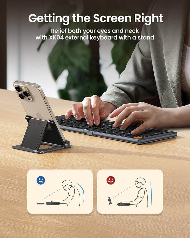 👇اقرأ الوصف بتمعن للاخير كلشي مذكور بالتفصيل 👇

Brand: ProtoArc 
ProtoArc Foldable Compact Keyboard, XK04 Portable Bluetooth Keyboard with PU Leather Cover, Pocket-Sized Wireless Travel Keyboard for iPad iPhone Mac Android Windows iOS - Gray

Product details

* Brand Name ProtoArc�
* Compatible Devices Laptop, Smartphone, Tablet�
* Connectivity Technology Bluetooth�
* Keyboard Description Flexible�
* Recommended Uses For Product Business, Travel�
* Special Features Foldable, Lightweight, Portable, Rechargeable
* �
* 【Mini Folding Keyboard】 Only a 5.97-ounce palm-sized foldup keyboard is designed in two-fold and compact enough to save desk space or take it on the go. Covers with PU Leather surface, good texture and protection, a perfect companion for business travelers. Maximum convenience for you with minimum weight and size

* 【Compact-Sized Portability】With a travel size portable keyboard that easily connects to whatever device you need to use it on, you can work or relax when go out to different environments like cafe or libraries. A great addition to your travel gear. Also an ideal present for business partners, friends and families

* 【Multi-device Keyboard】Our foldable wireless keyboard with triple Bluetooth channels, which will maintains stable connectivity and fast response within 33ft operating range. Supports up to 3 devices such as ipad, smartphone, tablet or laptop. It can be your perfect partner to help you replyto emails, edit excel sheets or write down your ideas anytime

* 【Type C Simply Recharge】Our bluetooth keyboard is equipped with a rechargeable battery and On/Off switch. Easily recharged via the included Type-C cable. 2 hours full charge delivers up to 150+ days standby time, great for for working outside of office. Also has an auto-sleep feature, helps maximize the amount of use get from each charge

* 【Shortcut Keys User-Guide】 Directly press the Esc button to get a "`", directly press F1~F10 to get numer 1~0. Press the "Fn+ESC & F1 ~ F12" to achieve multimedia function like access to homepage, brightness, volume and more. Press "Shift + ESC & F1 ~ F12" corresponding keys to get symbols. Press "Fn + Shift + F1 ~ F12" corresponding keys to achieve FN function.

* 【Broad Compatible】 This keyboard works seamlessly with OS, iOS, Android and Windows. Automatically recognizes different operating systems and layouts. Compatible with a variety of devices, including for iPad Pro/Air/Mini, iPhone 17/16/15/14/13/12/11/X/8/7/6, for Galaxy Tab/Galaxy Note, for Surface Pro and other Bluetooth enable devices

Additional details 

XK04 Foldable Bluetooth Keyboard offers unparalleled portability, versatility, and convenience for your digital endeavors. ��It is a must-have accessory for anyone seeking portable productivity on the go. Its compact design, bluetooth connectivity, multi-device syncing, and compatibility with multiple operating systems make it an indispensable tool for digital nomads, students, professionals, and travelers alike. ��Suggested for anyone looking to enhance their typing experience with maximum portability and convenience!��Compact and Foldable Design: The keyboard's compact and foldable design makes it incredibly portable, allowing to easily carry it in your pocket, bag, or backpack wherever you go. Its slim and lightweight construction make it the perfect travel companion for on-the-go productivity.��Sync Up to 3 Devices: Connect the keyboard with up to three devices simultaneously, allowing you to effortlessly switch between your smartphone, tablet, and laptop with the touch of a button. It's a game-changer for multitasking and staying productive across multiple devices.��Compatibility with Multiple Operating Systems: Whether you are using iOS, Android, Windows, or Mac devices, the folded keyboard offers universal compatibility, ensuring seamless integration with your preferred operating systems. Its versatility makes it suitable for a wide range of devices and applications.

العلامة التجارية: بروتوآرك
لوحة مفاتيح بروتوآرك القابلة للطي والمدمجة، XK04، لوحة مفاتيح بلوتوث محمولة بغطاء من الجلد الصناعي، لوحة مفاتيح لاسلكية صغيرة الحجم للسفر، متوافقة مع أجهزة iPad وiPhone وMac وAndroid وWindows وiOS - رمادي

تفاصيل المنتج

* اسم العلامة التجارية: بروتوآرك
* الأجهزة المتوافقة: أجهزة الكمبيوتر المحمولة، الهواتف الذكية، الأجهزة اللوحية
* تقنية الاتصال: بلوتوث
* وصف لوحة المفاتيح: مرنة
* الاستخدامات الموصى بها: الأعمال، السفر
* مميزات خاصة: قابلة للطي، خفيفة الوزن، محمولة، قابلة لإعادة الشحن
*
* 【لوحة مفاتيح صغيرة قابلة للطي】 لوحة مفاتيح قابلة للطي بحجم كف اليد، بوزن 170 غرامًا فقط، مصممة بشكل ثنائي الطي ومدمجة بما يكفي لتوفير مساحة على المكتب أو حملها أثناء التنقل. غطاء من الجلد الصناعي، ذو ملمس جيد وحماية، رفيق مثالي للمسافرين من رجال الأعمال. أقصى قدر من الراحة لك بأقل وزن وحجم

* 【سهولة الحمل بحجم صغير】 مع لوحة مفاتيح محمولة بحجم السفر، تتصل بسهولة بأي جهاز تحتاج إلى استخدامها عليه، يمكنك العمل أو الاسترخاء أثناء الخروج إلى أماكن مختلفة مثل المقاهي أو المكتبات. إضافة رائعة لمعدات سفرك. هدية مثالية لشركاء العمل والأصدقاء والعائلة.

* 【لوحة مفاتيح متعددة الأجهزة】 لوحة مفاتيح لاسلكية قابلة للطي مزودة بثلاث قنوات بلوتوث، تضمن اتصالاً مستقراً واستجابة سريعة ضمن نطاق تشغيل يصل إلى 10 أمتار. تدعم ما يصل إلى 3 أجهزة مثل الآيباد والهواتف الذكية والأجهزة اللوحية وأجهزة الكمبيوتر المحمولة. ستكون رفيقك الأمثل للرد على رسائل البريد الإلكتروني، وتعديل جداول البيانات، وتدوين أفكارك في أي وقت.

* 【شحن سهل عبر منفذ Type-C】 لوحة مفاتيح البلوتوث مزودة ببطارية قابلة للشحن ومفتاح تشغيل/إيقاف. يمكن شحنها بسهولة عبر كابل Type-C المرفق. ساعتان من الشحن الكامل تكفي لأكثر من 150 يومًا من وضع الاستعداد، مثالية للعمل خارج المكتب. كما تتميز بخاصية السكون التلقائي، مما يساعد على زيادة مدة الاستخدام لكل شحنة.

* 【دليل استخدام اختصارات لوحة المفاتيح】 اضغط مباشرةً على زر Esc للحصول على رمز "`، واضغط مباشرةً على F1 إلى F10 للحصول على الأرقام من 1 إلى 0. اضغط على "Fn+ESC" وF1 إلى F12 للوصول إلى وظائف الوسائط المتعددة مثل الوصول إلى الصفحة الرئيسية، والسطوع، ومستوى الصوت، وغيرها. اضغط على "Shift + ESC" وF1 إلى F12 لعرض الرموز. اضغط على "Fn + Shift + F1 إلى F12" لتفعيل وظيفة FN.

* 【توافق واسع】 تعمل لوحة المفاتيح هذه بسلاسة مع أنظمة التشغيل iOS وAndroid وWindows. تتعرف تلقائيًا على أنظمة التشغيل والتخطيطات المختلفة. متوافقة مع مجموعة متنوعة من الأجهزة، بما في ذلك iPad Pro/Air/Mini، وiPhone 17/16/15/14/13/12/11/X/8/7/6، وGalaxy Tab/Galaxy Note، وSurface Pro، وغيرها من الأجهزة التي تدعم تقنية Bluetooth.

تفاصيل إضافية

توفر لوحة مفاتيح XK04 القابلة للطي بتقنية Bluetooth سهولة حمل وتعدد استخدامات وراحة لا مثيل لها في أعمالك الرقمية. 

إنها إضافة لا غنى عنها لكل من يسعى إلى إنتاجية متنقلة أثناء التنقل. بفضل تصميمه الصغير، واتصاله بتقنية البلوتوث، ومزامنة الأجهزة المتعددة، وتوافقه مع أنظمة تشغيل متنوعة، يُعد هذا الكيبورد أداة لا غنى عنها للرحالة الرقميين، والطلاب، والمهنيين، والمسافرين على حد سواء. 

ننصح به لكل من يسعى إلى تحسين تجربة الكتابة لديه مع أقصى قدر من سهولة الحمل والراحة! تصميم صغير الحجم وقابل للطي: يتميز الكيبورد بتصميم صغير الحجم وقابل للطي، مما يجعله سهل الحمل للغاية، حيث يمكنك وضعه في جيبك أو حقيبتك أو حقيبة ظهرك أينما ذهبت. كما أن تصميمه النحيف وخفيف الوزن يجعله الرفيق المثالي للسفر لزيادة الإنتاجية أثناء التنقل. 

مزامنة ما يصل إلى 3 أجهزة: يمكنك توصيل الكيبورد بما يصل إلى ثلاثة أجهزة في وقت واحد، مما يتيح لك التبديل بسلاسة بين هاتفك الذكي وجهازك اللوحي وحاسوبك المحمول بضغطة زر. إنه يُحدث نقلة نوعية في تعدد المهام والحفاظ على الإنتاجية عبر أجهزة متعددة. 

التوافق مع أنظمة تشغيل متعددة: سواء كنت تستخدم أجهزة iOS أو Android أو Windows أو Mac، يوفر الكيبورد القابل للطي توافقًا شاملاً، مما يضمن التكامل السلس مع أنظمة التشغيل التي تفضلها. كما أن تعدد استخداماته يجعله مناسبًا لمجموعة واسعة من الأجهزة والتطبيقات. بغداد, العراق


**إذا كنت صاحب هذا الإعلان وتريد حذفه لأي سبب، رجاءا أرسل رسالة إلى الدعم الفني**