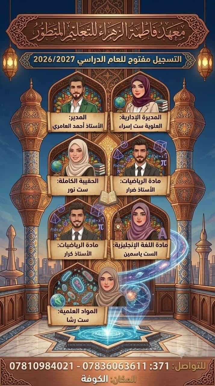فرصة ثانية للنجاح.. الدورة الأقوى للدور الثاني! 🚨
​إلى أولياء الأمور الأعزاء.. وإلى طلبتنا الطموحين،
التعثر في الدور الأول ليس نهاية المطاف، بل هو خطوة البداية لنجاح أكبر! 🌟
​يعلن معهد فاطمة الزهراء التعليمي عن فتح باب التسجيل والاستقبال لدورات الدور الثاني المكثفة للمراحل الوزارية:
​🌟 السادس الابتدائي 🌟
​🌟 الثالث المتوسط 🌟
​🔥 
​كادر تدريسي متخصص: نخبة من أفضل المعلمين والمعلمات الذين يمتلكون خبرة طويلة في تبسيط المناهج وضمان النجاح.
​تركيز مكثف: مراجعة شاملة للمادة مع حل الأسئلة الوزارية المهمة والمتوقعة.
​متابعة يومية: امتحانات مستمرة تضمن جاهزية الطالب التامة للامتحان الوزاري.
​مقاعدنا محدودة جداً لضمان التركيز التام مع كل طالب. ⏱️ سارعوا بحجز مقعدكم الآن واضمنوا النجاح!
​📞 لمعلومات أكثر والتسجيل:
​واتساب وتيك توك: ***********
​فيسبوك: ***********
​إنستغرام: ***********
​العنوان: الكوفة، شارع المعمل - قرب مجمع المختار السكني / أسواق الحمد.
​معاً.. نحول التحدي إلى نجاح باهر! 🎓✨
