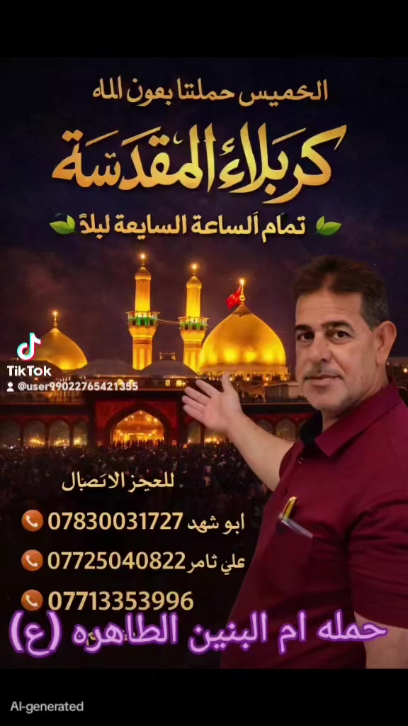 بسم الله الرحمن الرحيم
على بركة الله وبشوق العاشقين لزيارة سيد الشهداء (عليه السلام) 🌹
تتشرف حملة أمّ البنين الطاهرة (ع) – أهالي الهاشمية
بإدارة ثامر السعدي (الأنوار)
بدعوتكم لمرافقتها في رحلة إيمانية مباركة إلى
✨ كربلاء المقدسة ✨
🗓 يوم الخميس
⏰ الساعة السابعة مساءً
زيارة الإمام الحسين وأخيه أبي الفضل العباس (عليهما السلام)،
ونسألكم الدعاء 🤲
📞 للحجز والاستفسار:
***********
***********
سيروا معنا إلى كربلاء… فهناك تُقضى الحوائج وتُغفر الذنوب بإذن الله ❤️
اخوكم ثامر السعدي ابو شهد
