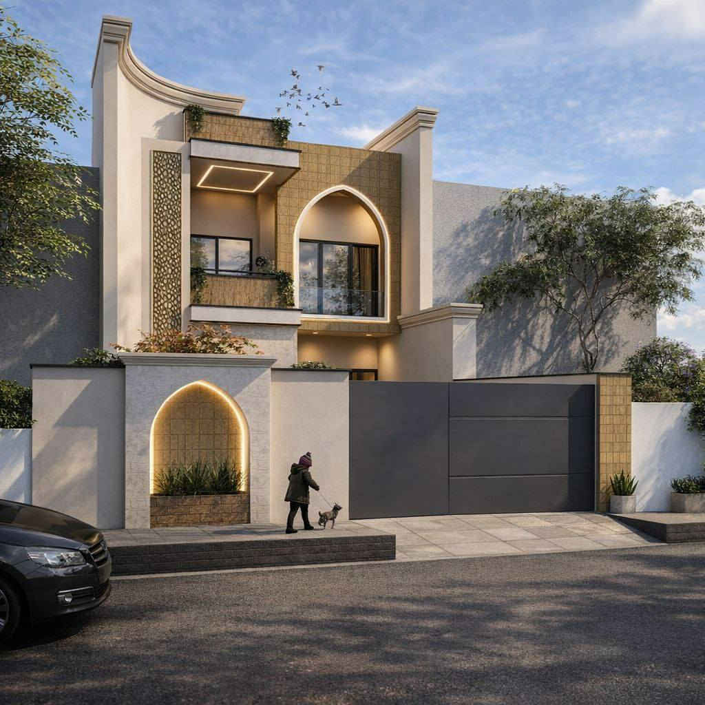 ✨ واجهة سكنية تجمع بين الأصالة والحداثة ✨

تصميم معماري يوازن بذكاء بين الخطوط العصرية واللمسات الإسلامية الهادئة، حيث تلعب الأقواس دور البطولة في إبراز الهوية، مدعومة بإضاءة مخفية ناعمة تمنح الواجهة عمقاً وأناقة خاصة، ليلاً ونهاراً.

اختيار الألوان الترابية مع درجات الأوف وايت والرصاصي أضفى إحساساً بالفخامة والهدوء، بينما جاءت البروزات المدروسة والمواد المختارة بعناية لتكسر الرتابة وتخلق ظلالاً تضيف حيوية للمشهد.

واجهة لا تعتمد على المبالغة، بل على التوازن…
توازن في الكتل، توازن في الإضاءة، وتوازن في التفاصيل، لتكون النتيجة بيتاً يعكس الذوق الرفيع ويترك انطباعاً لا يُنسى من النظرة الأولى
للتواصل وطلب التصاميم مراسله الارقام التاليه 
***********
***********
او زياره مكتبنا في محافظة بابل حي الكرامه مجاور مطعم بروتين
