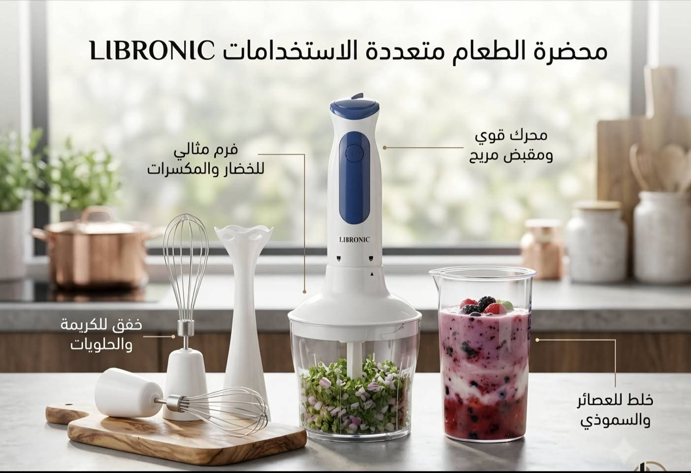 🍽️ محضرة الطعام 4 في 1 من LIBRONIC... مساعدك العملي في كل مطبخ!
✅ 4 وظائف في جهاز واحد: خلاط يدوي، مفرامة، خفاقة، وهراسة بطاطا. 
✅ شفرات من الستانلس ستيل لنتائج سريعة ودقيقة. 
✅ 3 سرعات لتناسب مختلف الاستخدامات. 
✅ وعاء مفرمة 600 مل ودورق 800 مل. 
✅ سهلة الفك والتنظيف مع ضمان سنة كاملة.
✨ حضّر العصائر، افرم الخضار واللحوم، اخفق البيض والكريمة، واهرِس البطاطا بسهولة في جهاز واحد.

السعر 33 الف (  توصيل مجاني )
📩 للطلب أو الاستفسار، راسلنا الآن والتوصيل متوفر لجميع المحافظات.


**إذا كنت صاحب هذا الإعلان وتريد حذفه لأي سبب، رجاءا أرسل رسالة إلى الدعم الفني**