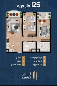 مساء الخير عندي شقه بابراج العاصمه  اعادة ييع مساحه ١٢٥ متر غرفتين نوم...